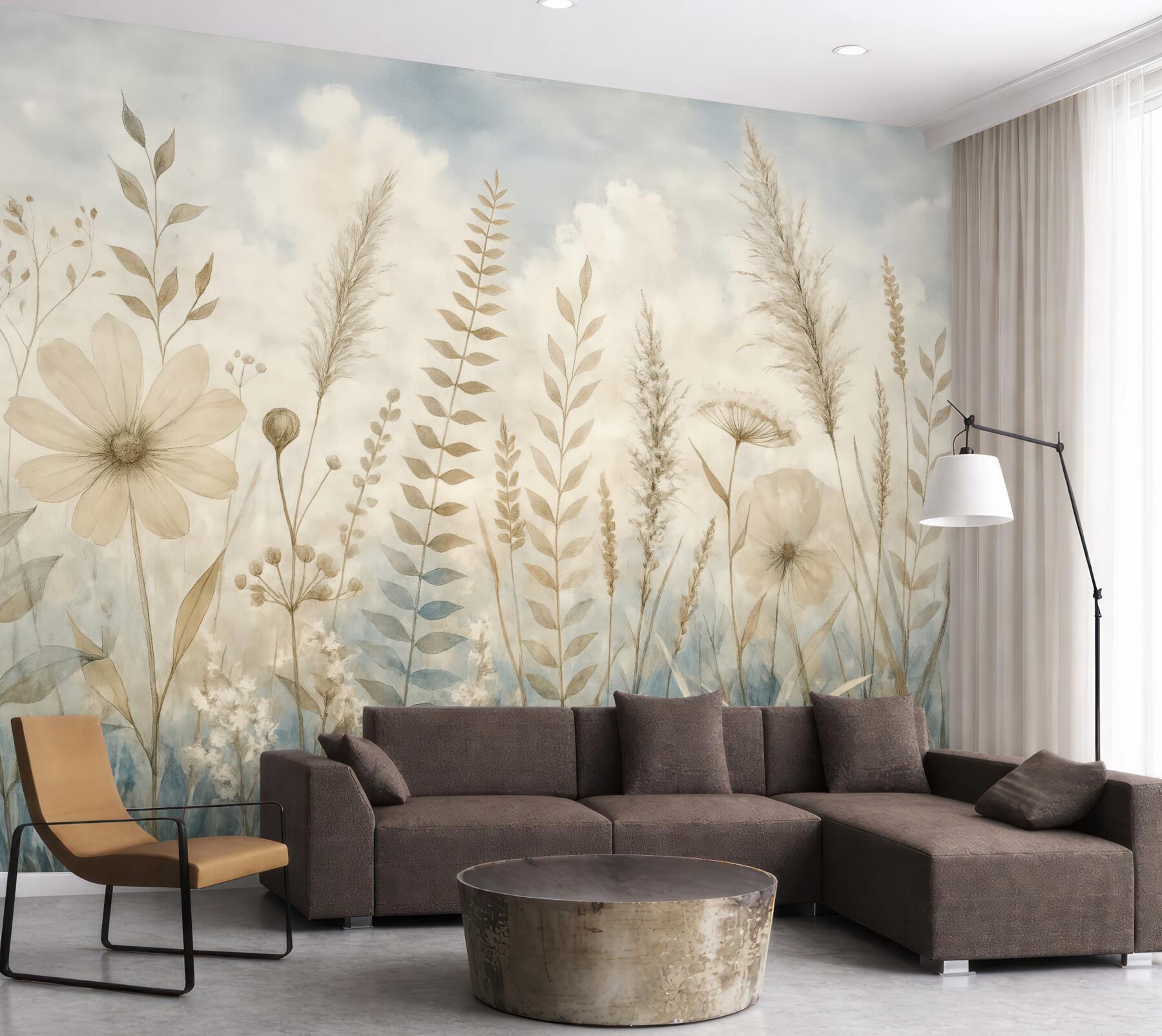 Fototapeta Łąka porośnięta wysoką trawą, naturalnymi liśćmi oraz roślinami o miękkich, subtelnych fakturach na tle mglistego, pochmurnego nieba.