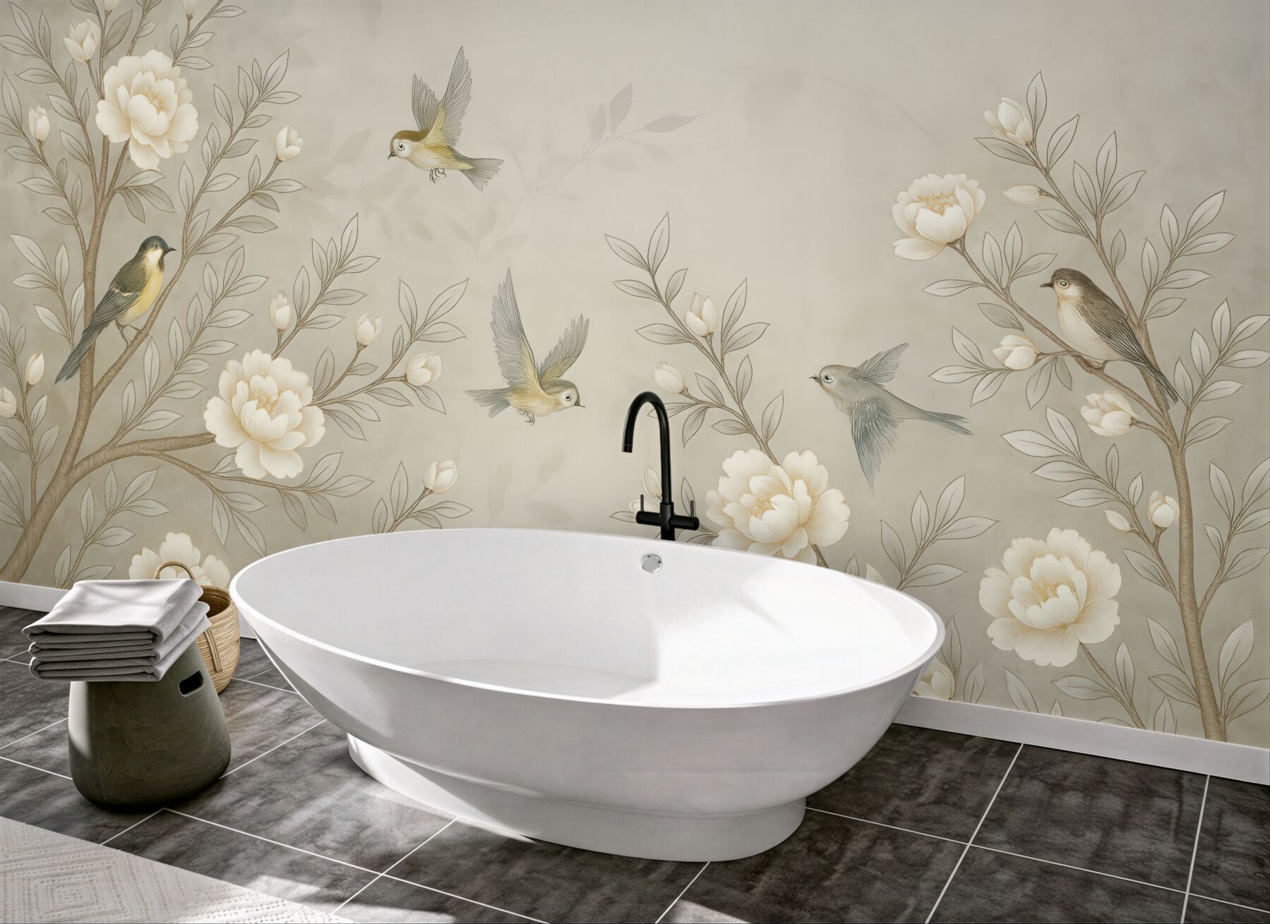 Fototapeta ptaki i kwiaty w beżu