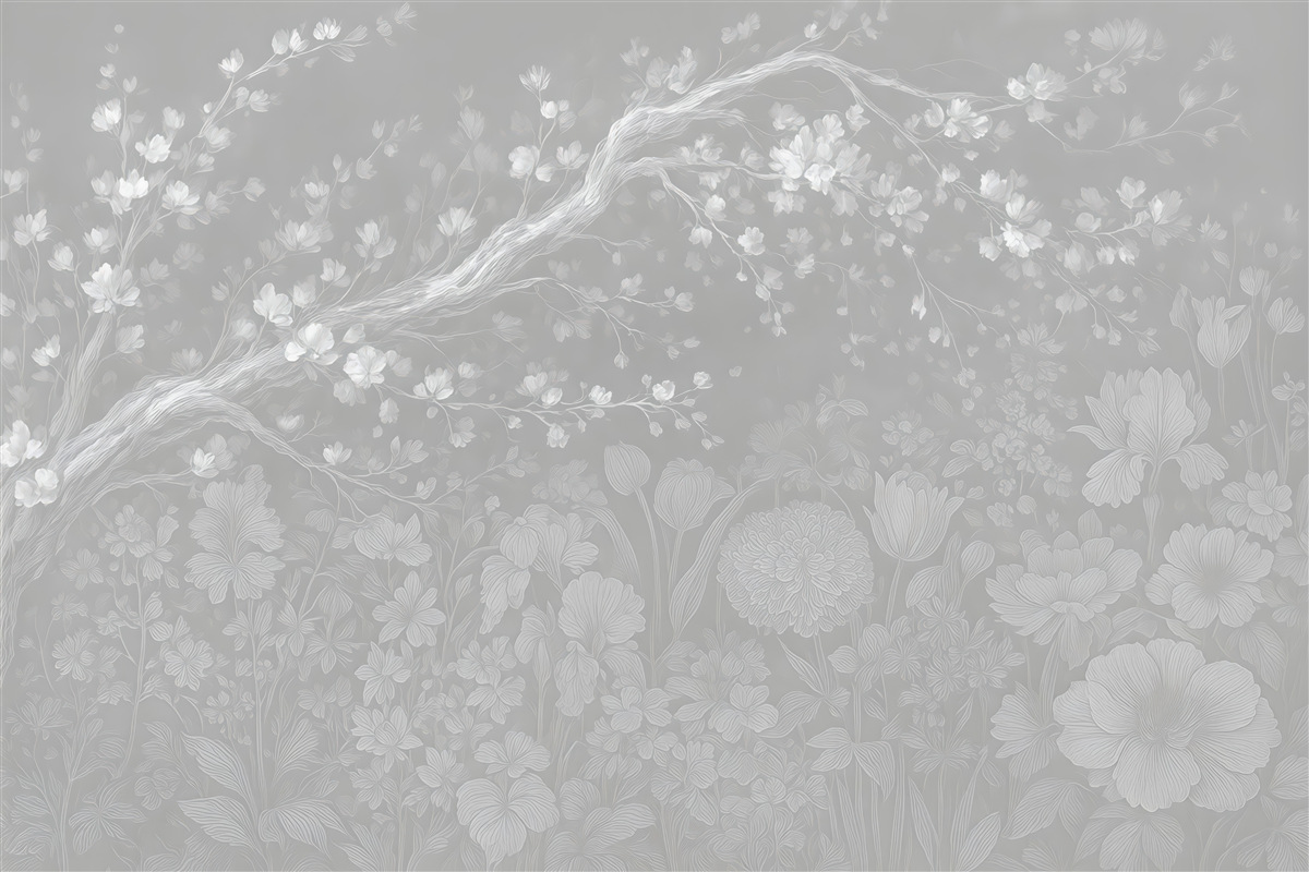 Fototapeta eteryczna łąka kwiatów w srebrnej mgle