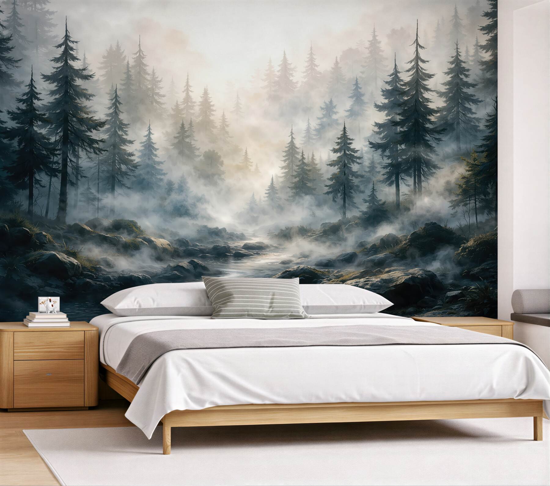 Fototapeta Zamglony leśny widok z wysokimi sosnami na mglistym tle w stylu akwareli.