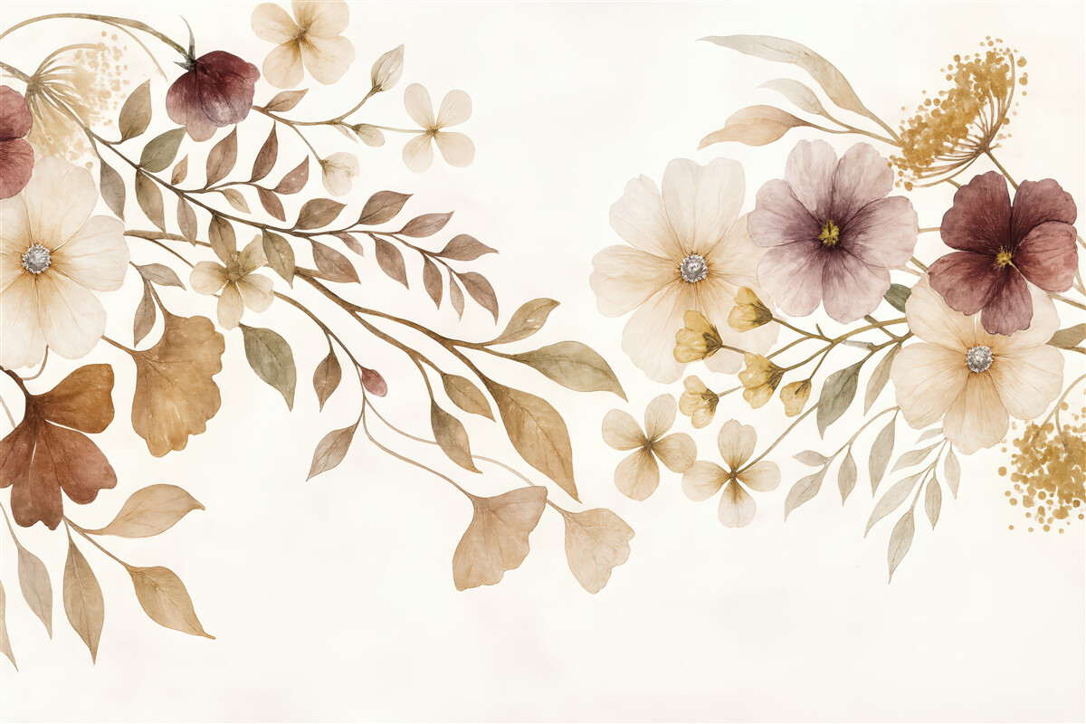 Fototapeta Kompozycja kwiatowa w subtelnych, neutralnych odcieniach z beżowymi i białymi roślinami oraz liśćmi na jasnej powierzchni.