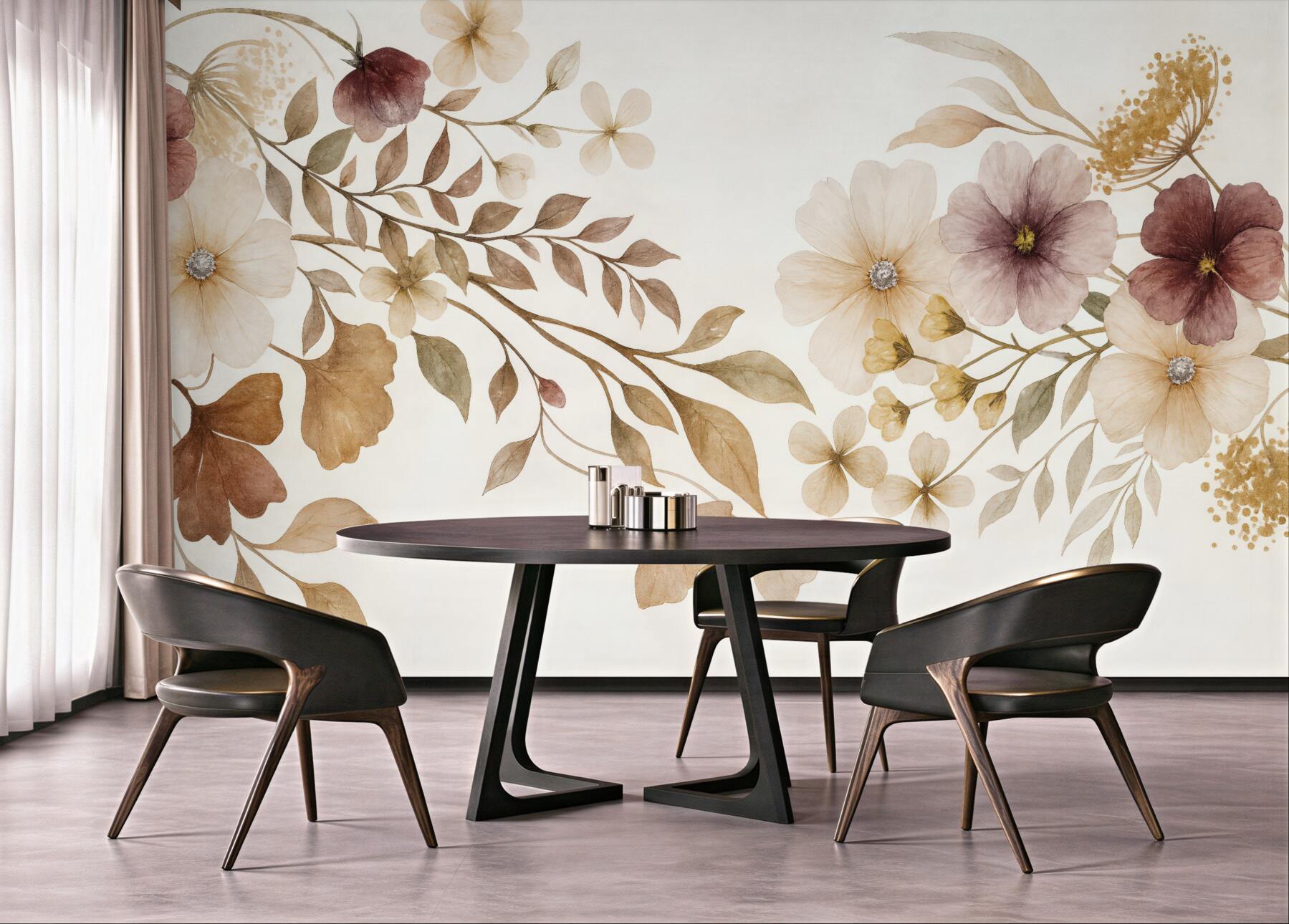 Fototapeta Kompozycja kwiatowa w subtelnych, neutralnych odcieniach z beżowymi i białymi roślinami oraz liśćmi na jasnej powierzchni.