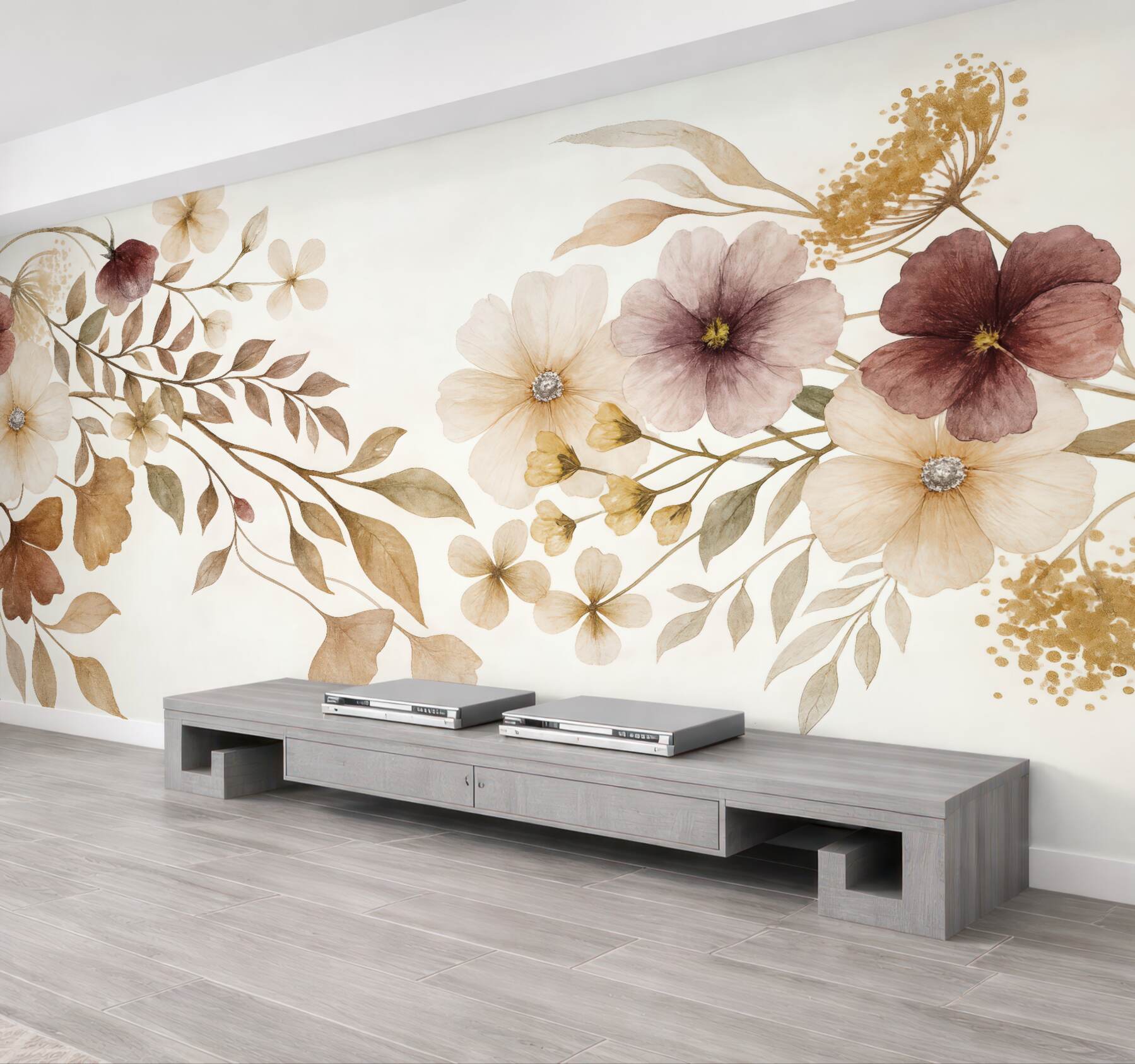 Fototapeta Kompozycja kwiatowa w subtelnych, neutralnych odcieniach z beżowymi i białymi roślinami oraz liśćmi na jasnej powierzchni.