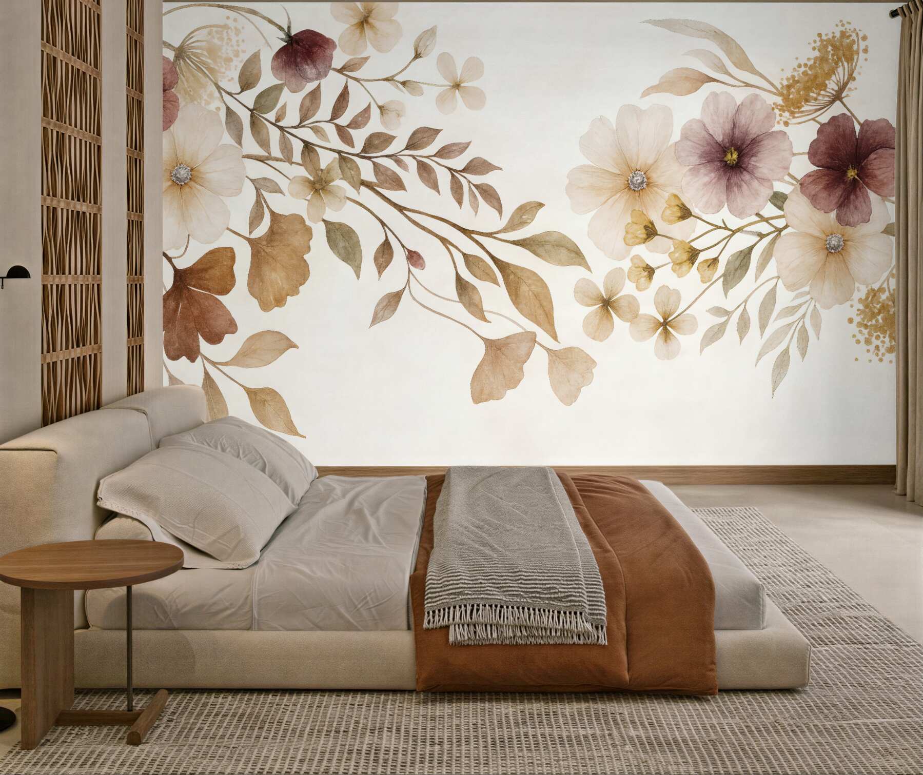 Fototapeta Kompozycja kwiatowa w subtelnych, neutralnych odcieniach z beżowymi i białymi roślinami oraz liśćmi na jasnej powierzchni.