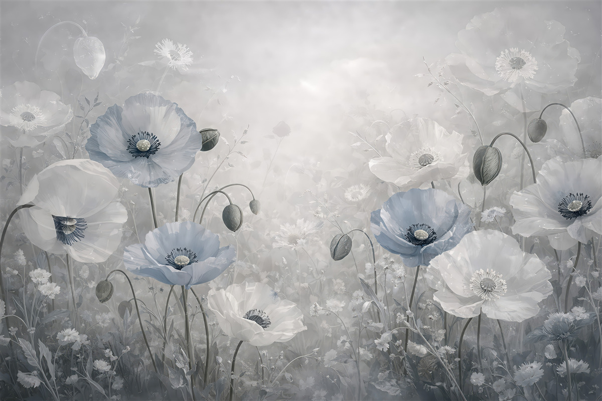 Fototapeta Wielkie niebieskie maki na szarym tle akwarelowym.