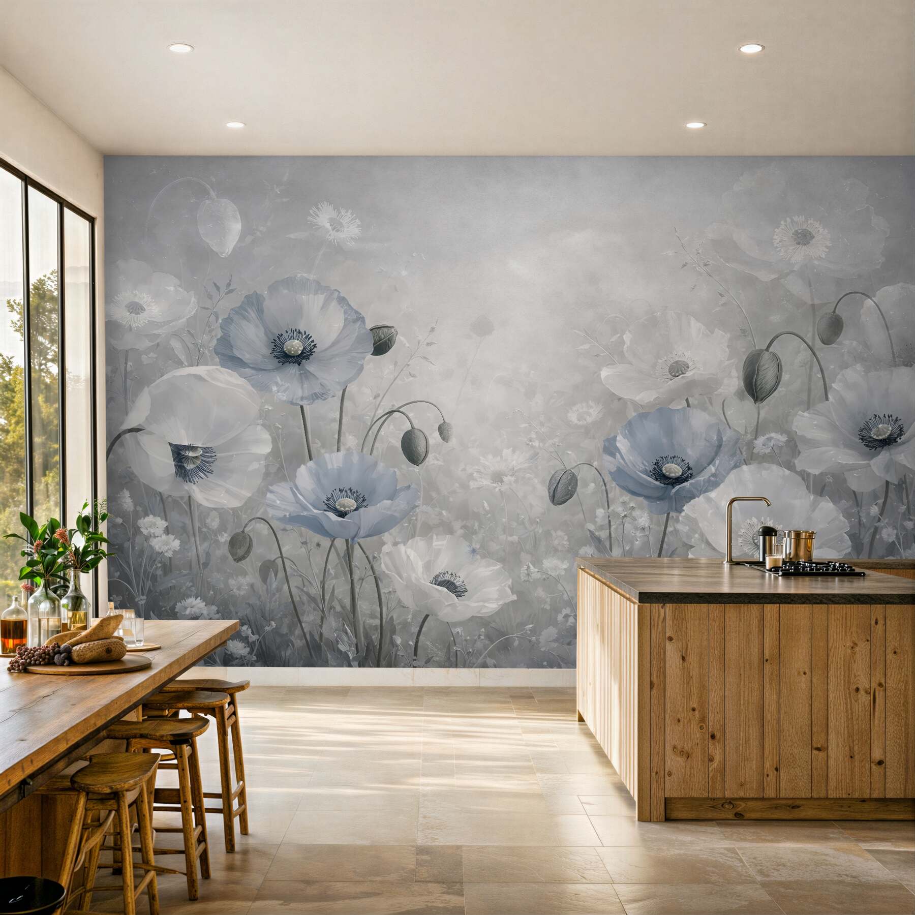 Fototapeta Wielkie niebieskie maki na szarym tle akwarelowym.