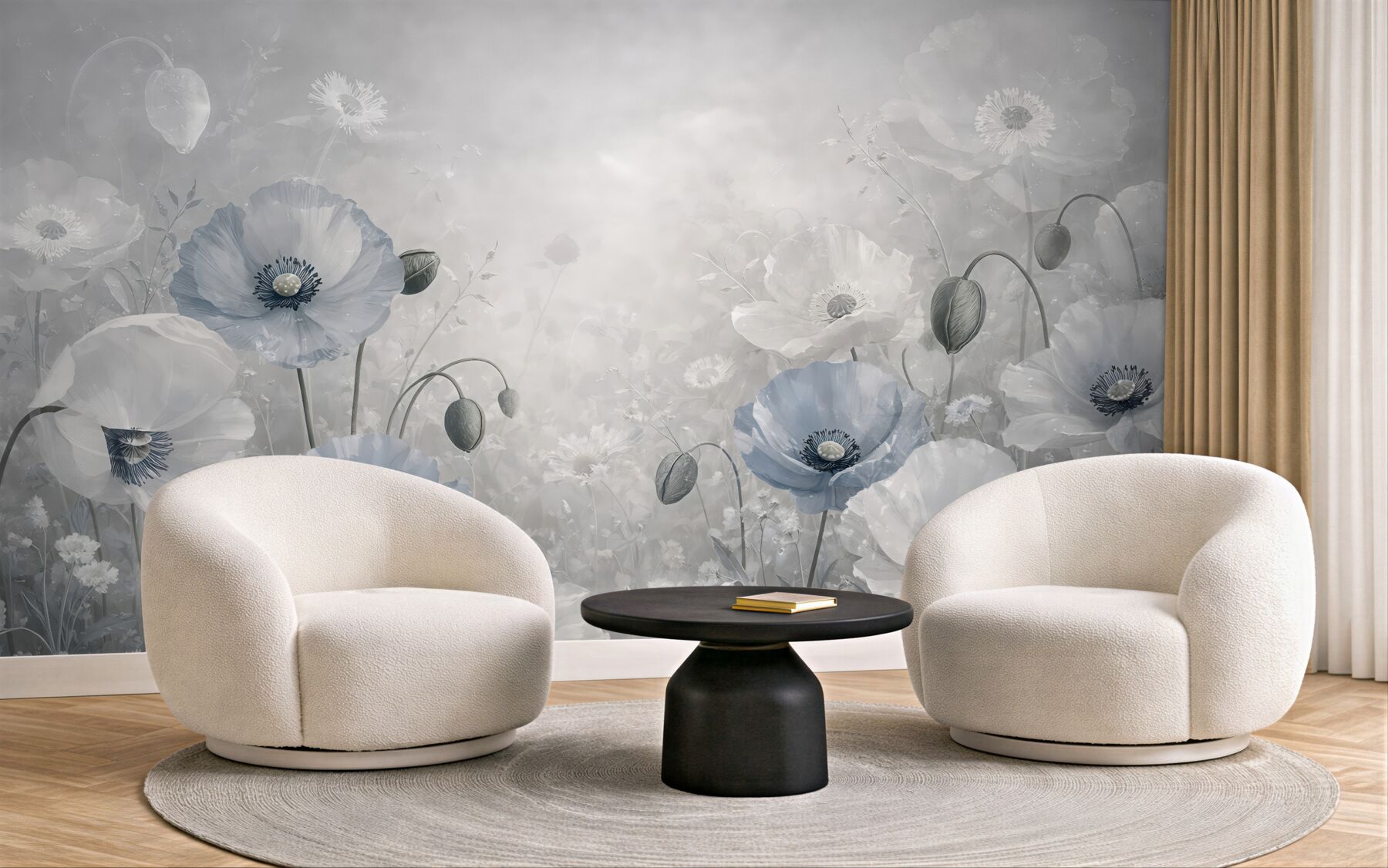 Fototapeta Wielkie niebieskie maki na szarym tle akwarelowym.