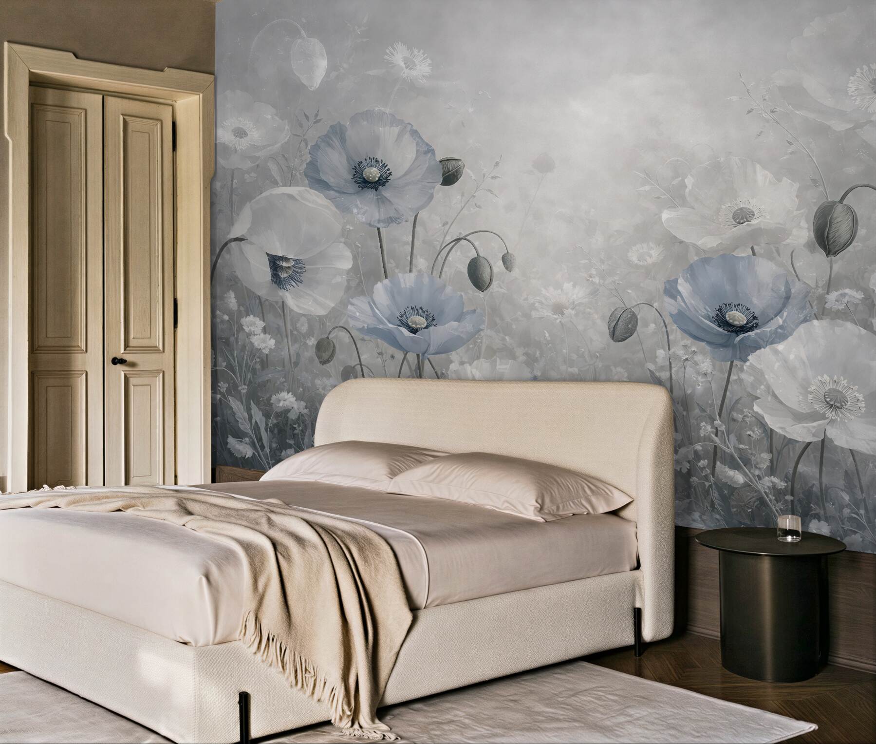 Fototapeta Wielkie niebieskie maki na szarym tle akwarelowym.