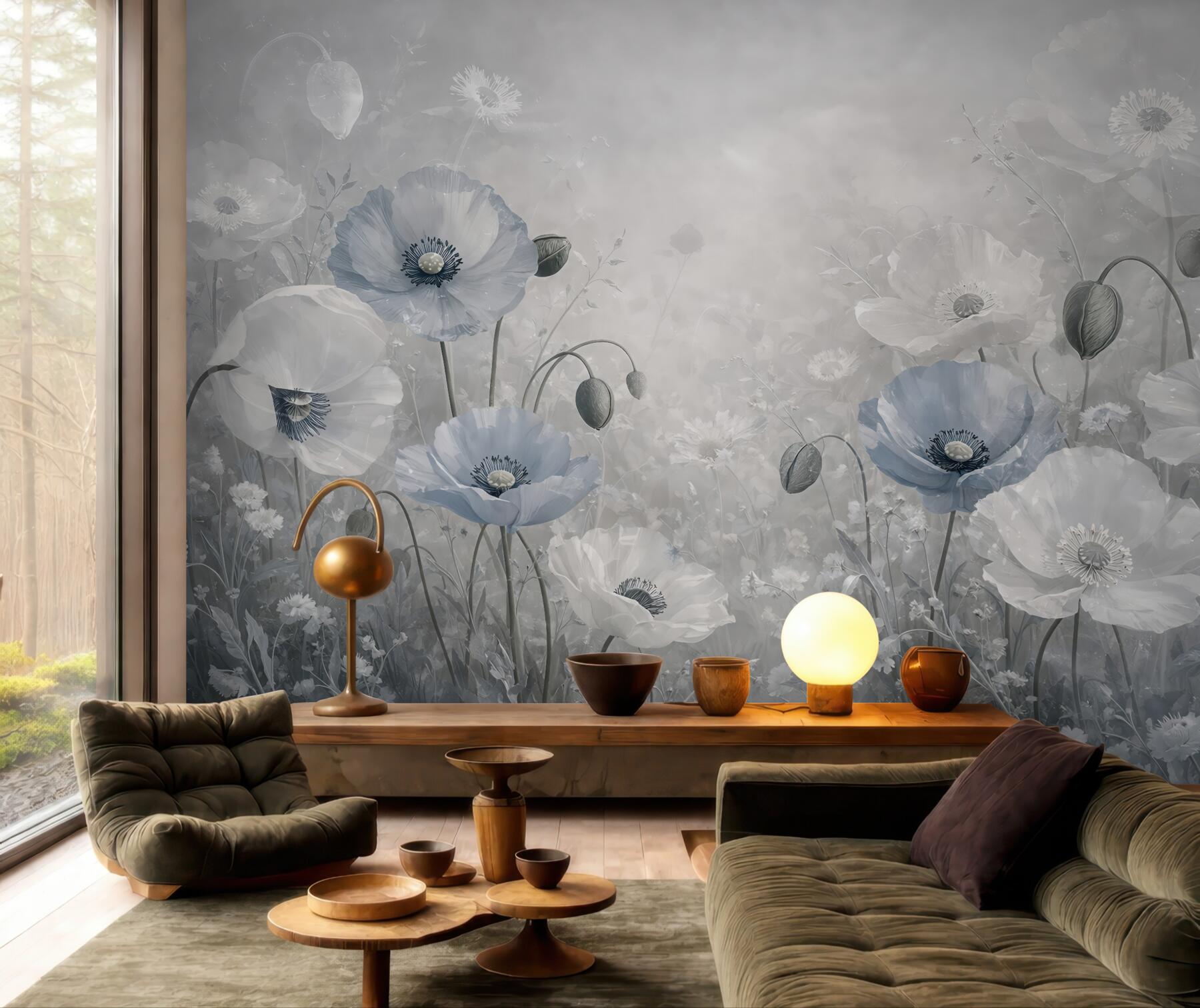 Fototapeta Wielkie niebieskie maki na szarym tle akwarelowym.