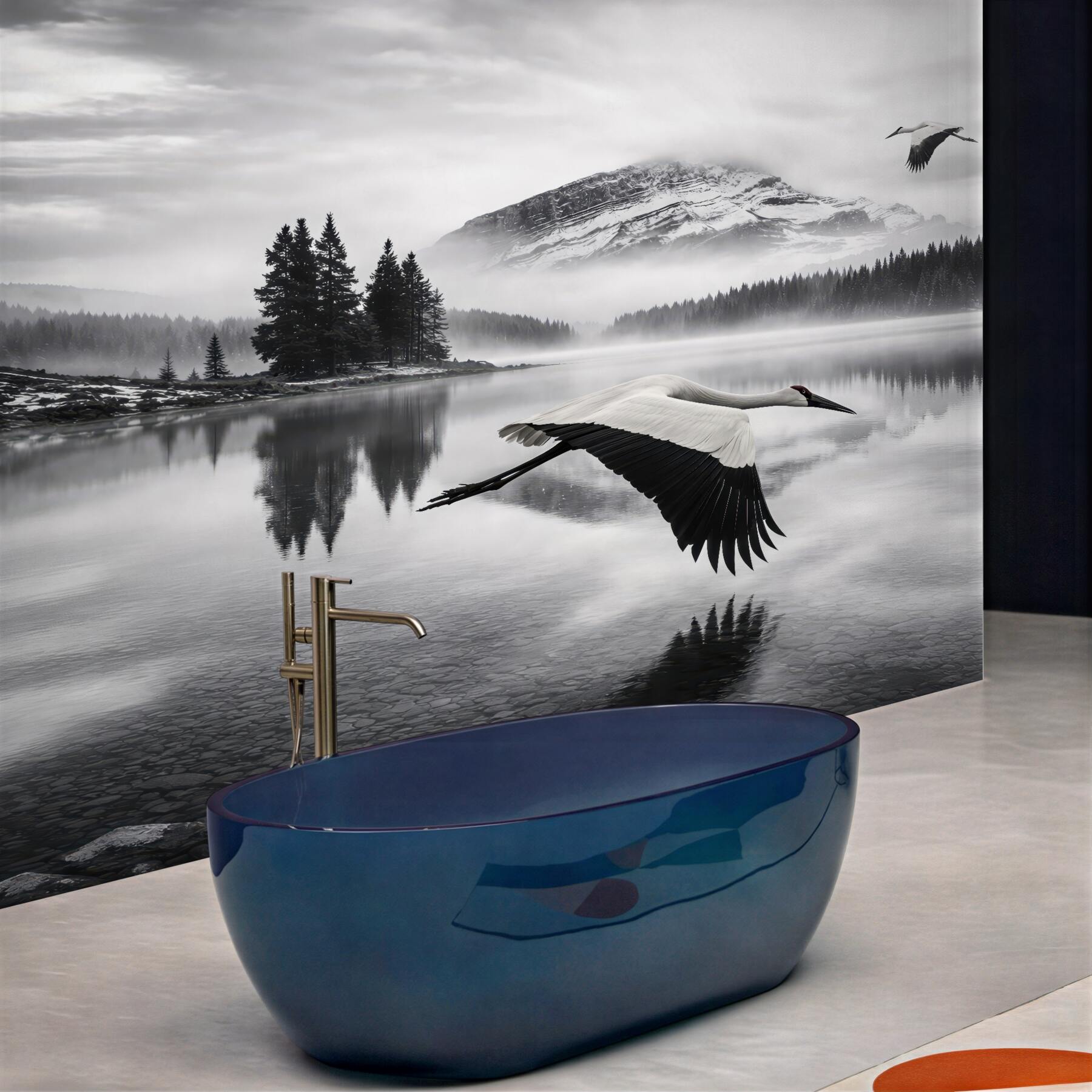 Fototapeta żuraw nad mglistym jeziorem górskim