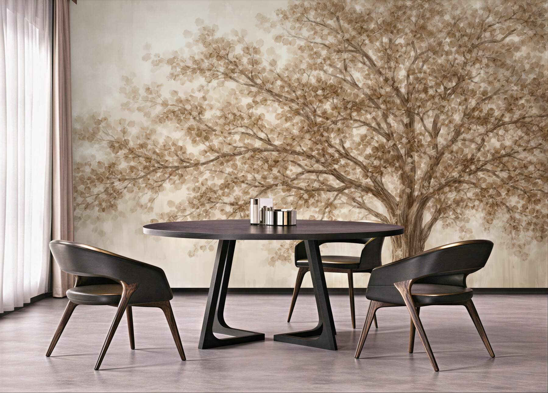 Fototapeta Wielkie drzewo z delikatnymi, abstrakcyjnymi liśćmi w odcieniu beżowym na jasnym, neutralnym tle uwydatniającym barwy drzewa.