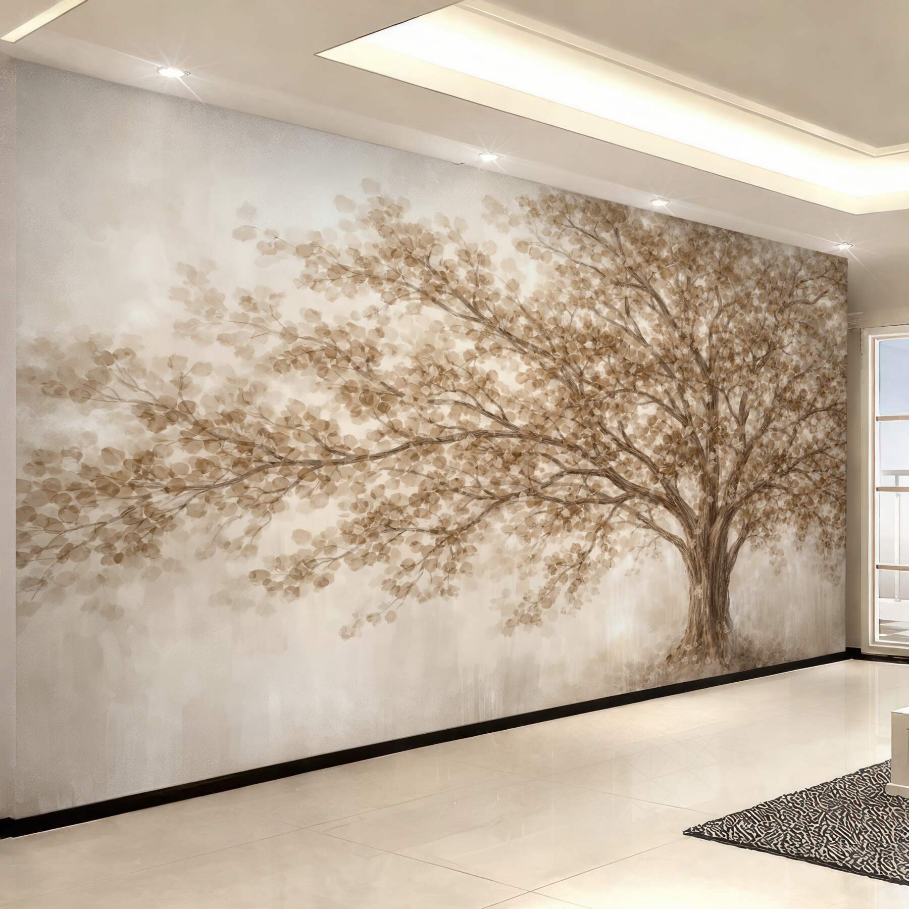 Fototapeta Wielkie drzewo z delikatnymi, abstrakcyjnymi liśćmi w odcieniu beżowym na jasnym, neutralnym tle uwydatniającym barwy drzewa.