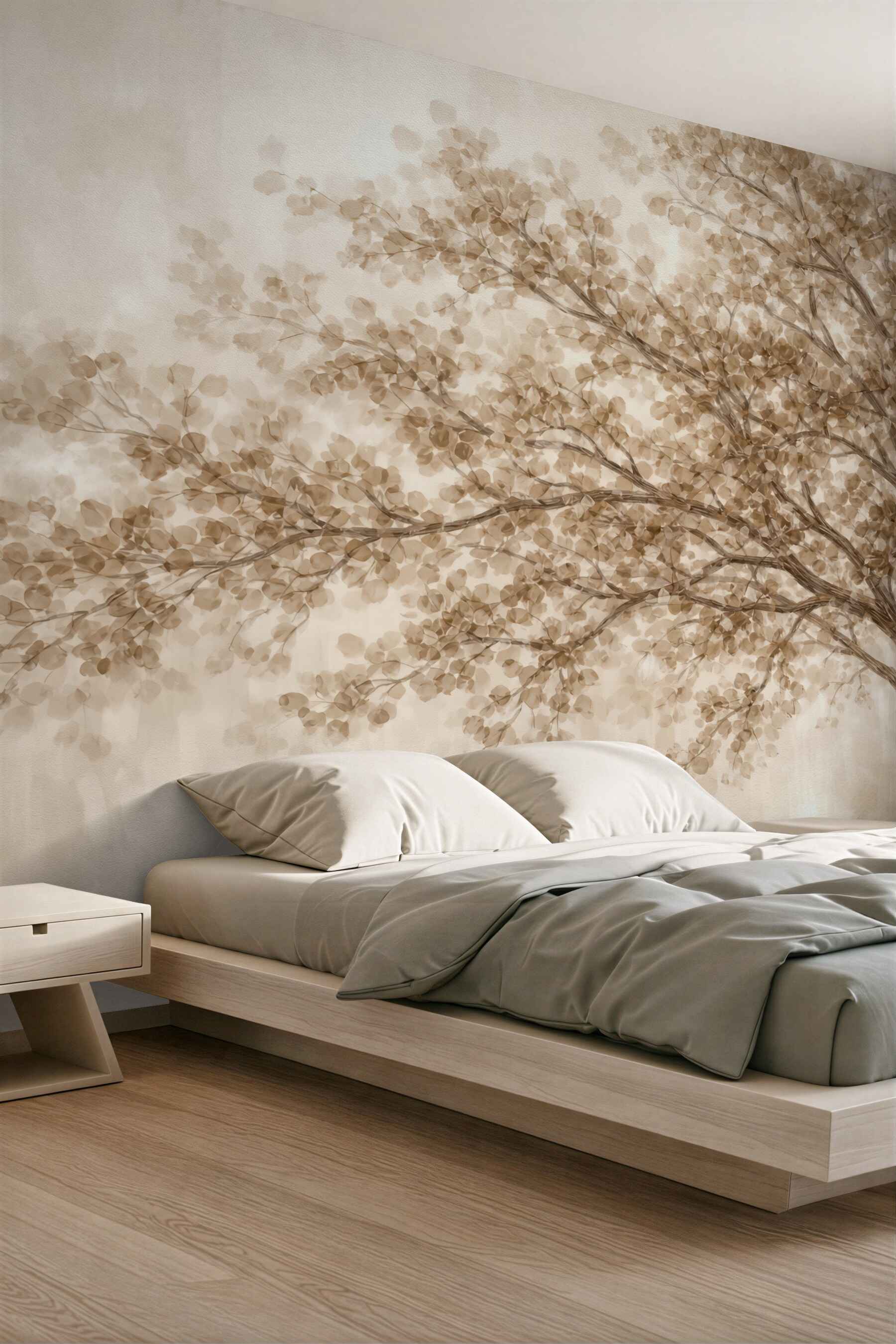 Fototapeta Wielkie drzewo z delikatnymi, abstrakcyjnymi liśćmi w odcieniu beżowym na jasnym, neutralnym tle uwydatniającym barwy drzewa.