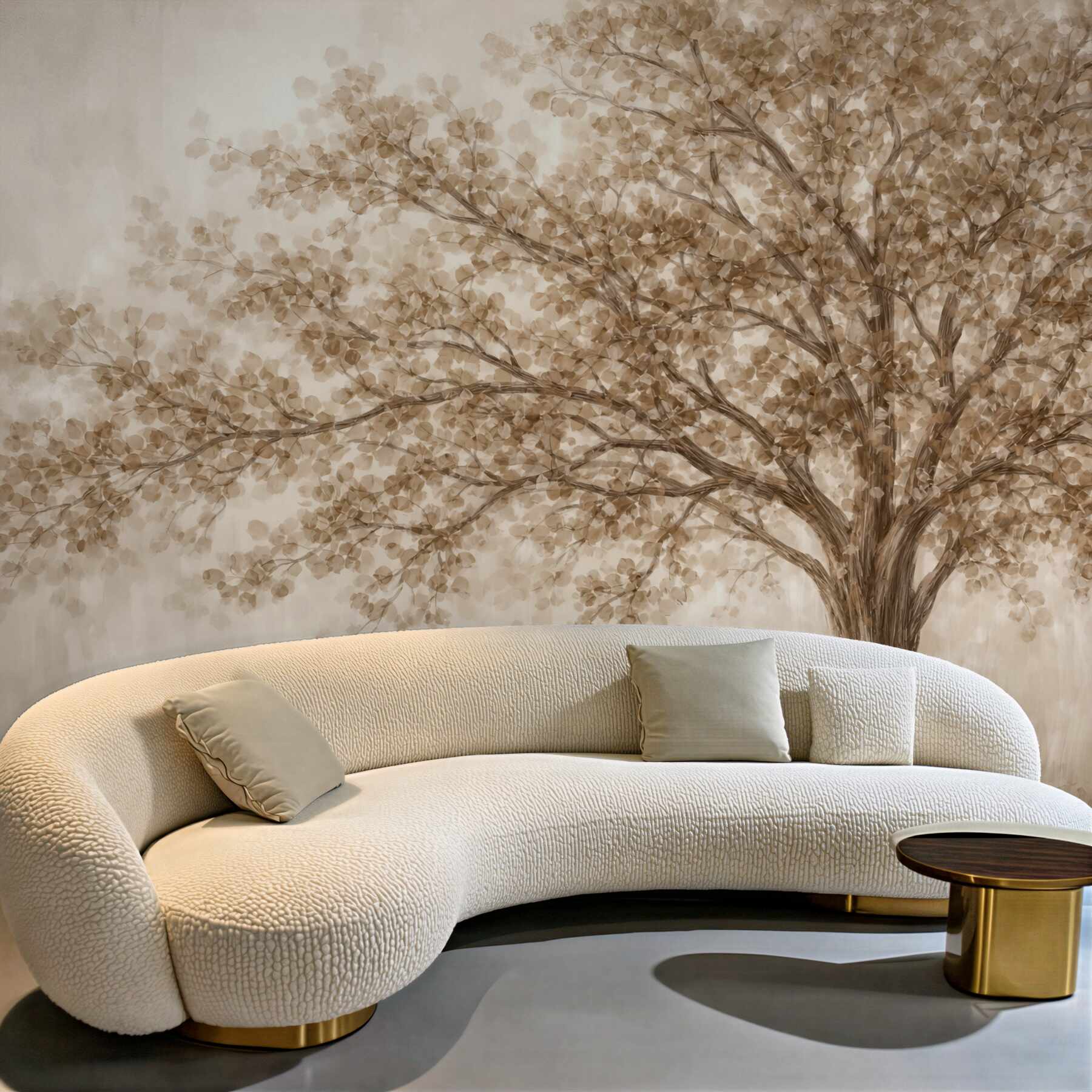 Fototapeta Wielkie drzewo z delikatnymi, abstrakcyjnymi liśćmi w odcieniu beżowym na jasnym, neutralnym tle uwydatniającym barwy drzewa.