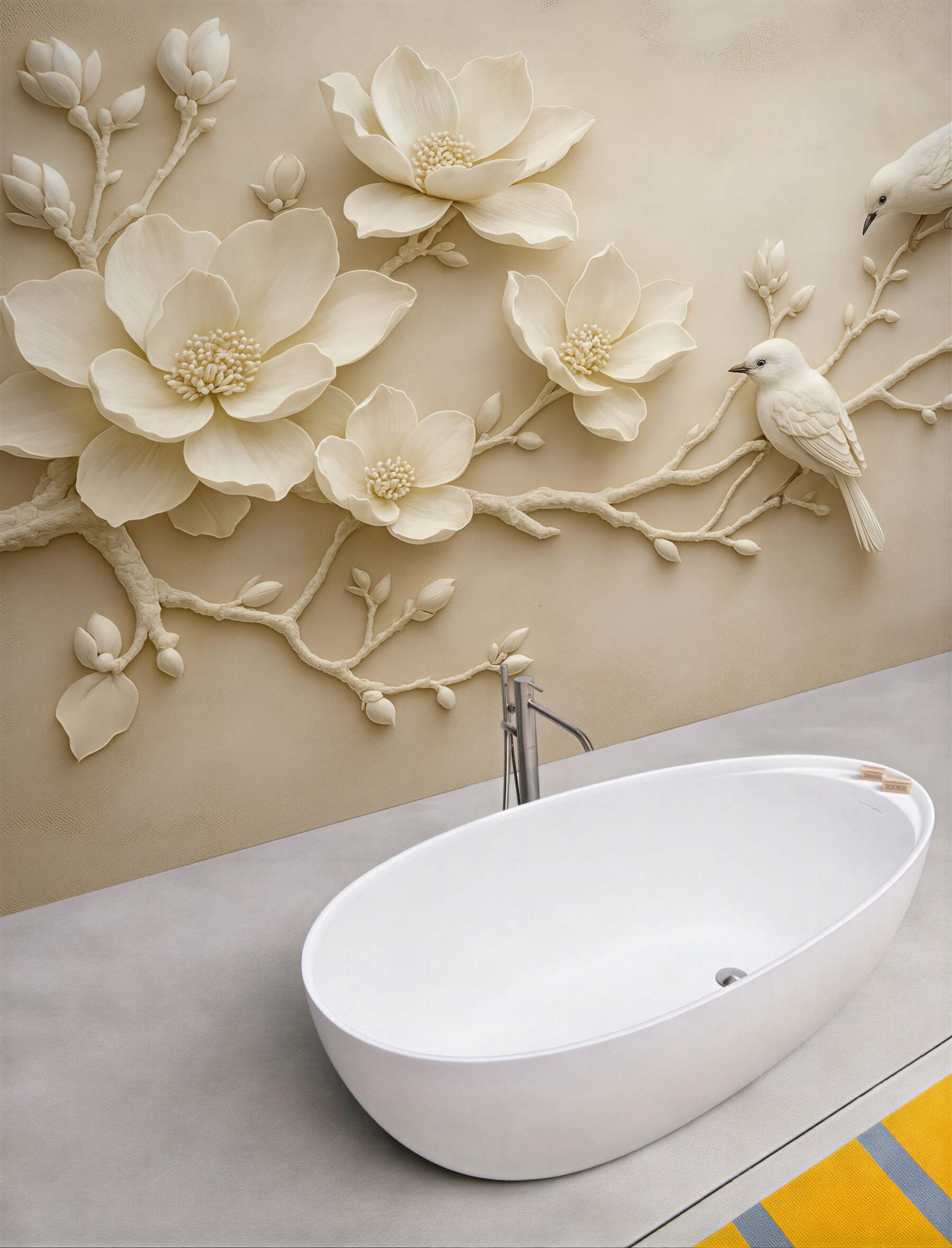Fototapeta kremowe magnolie z ptakami relief 3d