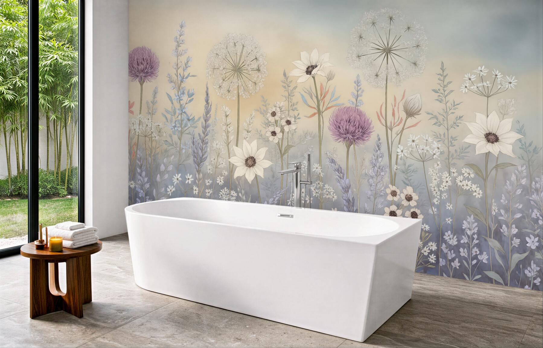 Fototapeta pastelowa łąka kwiatowa o świcie