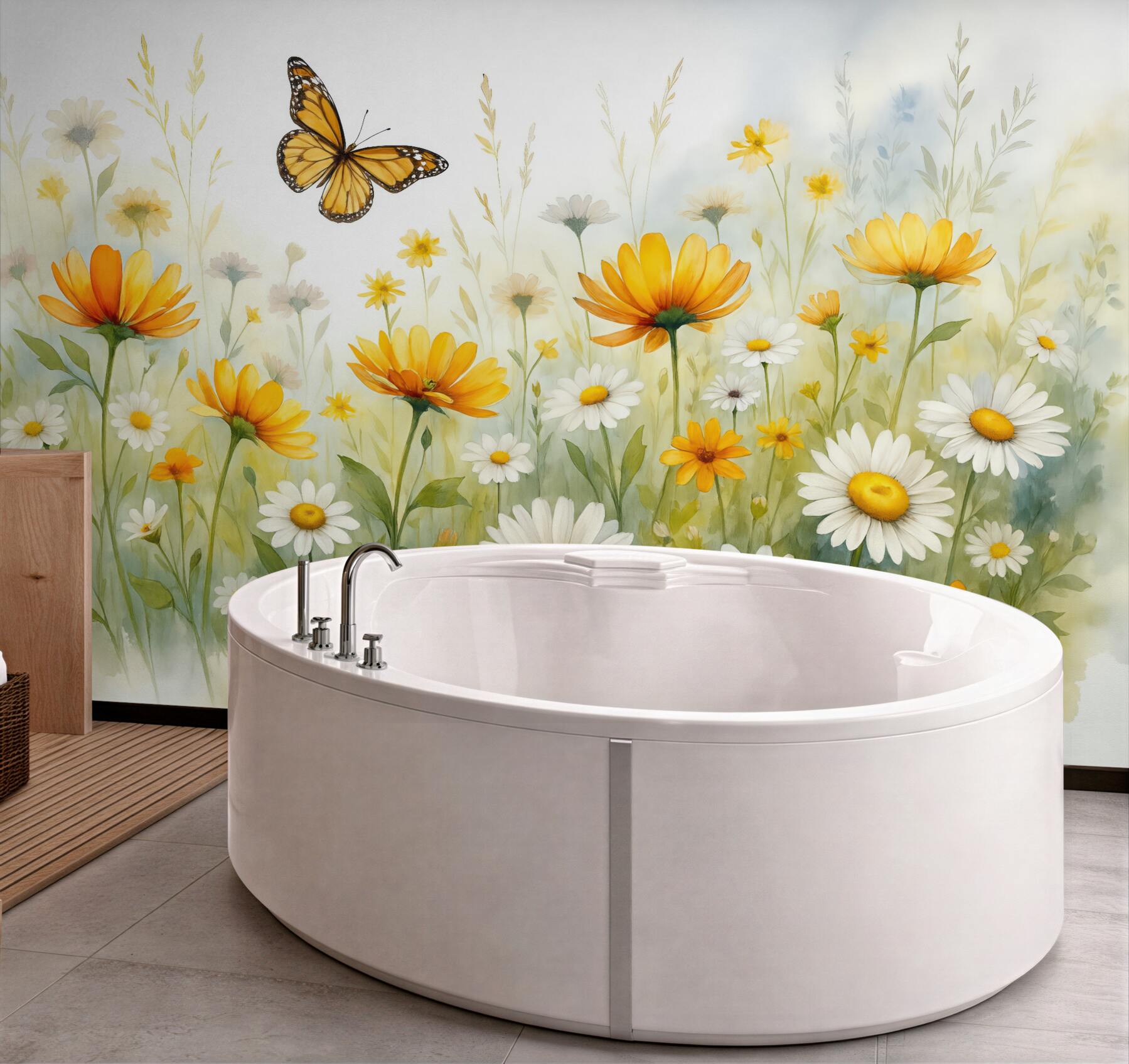 Fototapeta łąka stokrotek z motylem watercolor