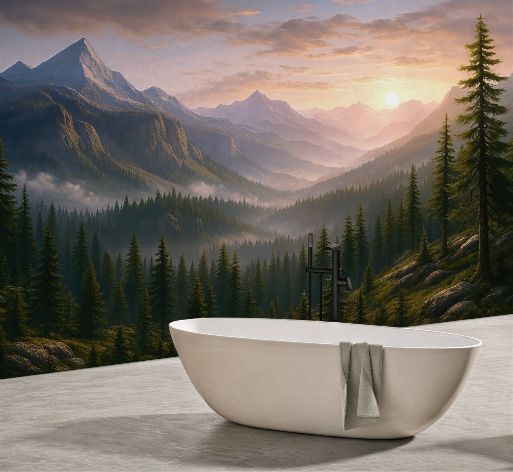 Fototapeta górski świt nad mglistym lasem