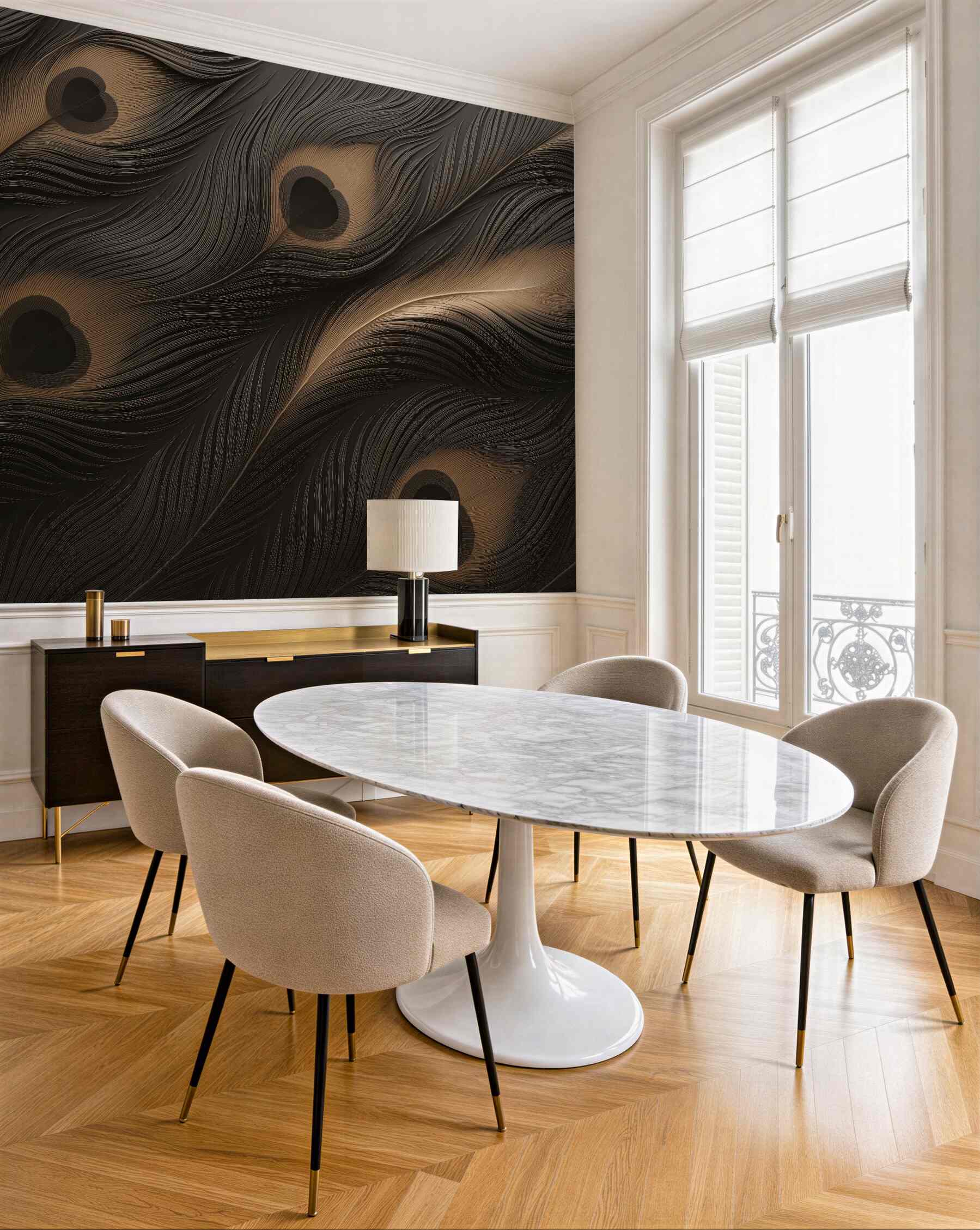 Fototapeta Pawie pióra na murze.