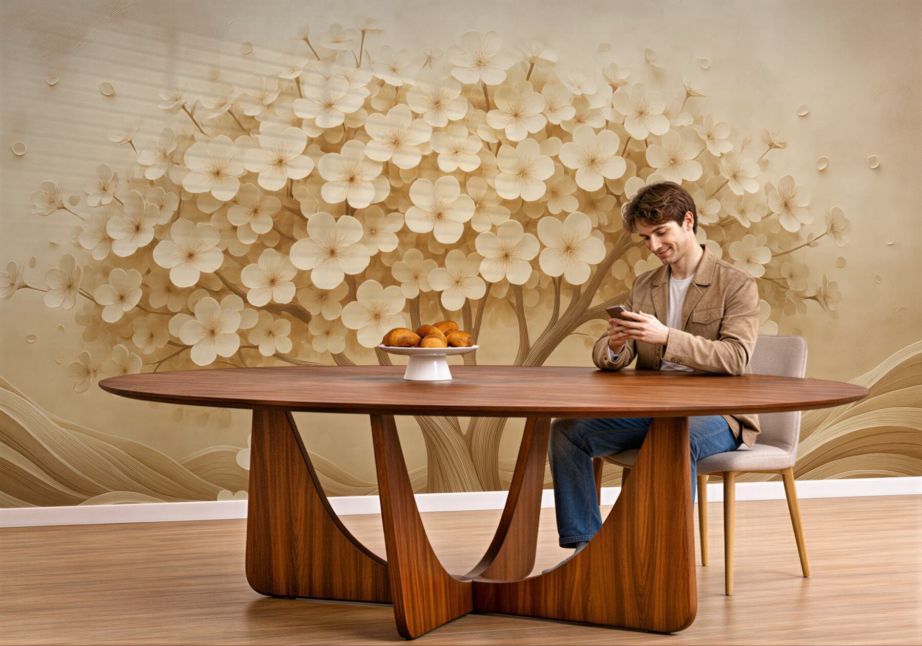 Fototapeta Abstrakcyjne drzewo z drobnymi kwiatami na tle zniszczonej ściany.