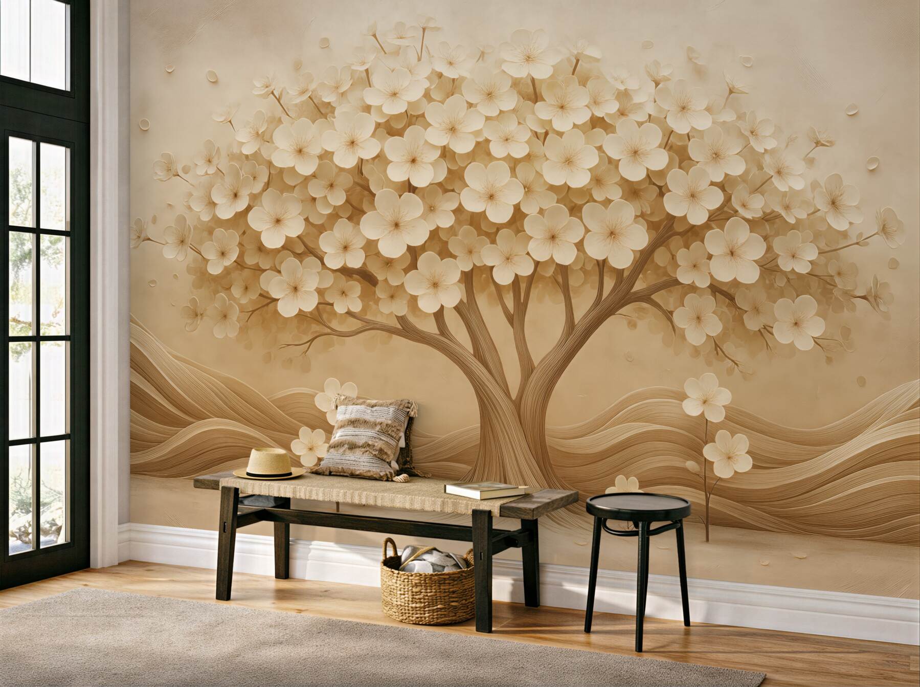 Fototapeta Abstrakcyjne drzewo z drobnymi kwiatami na tle zniszczonej ściany.