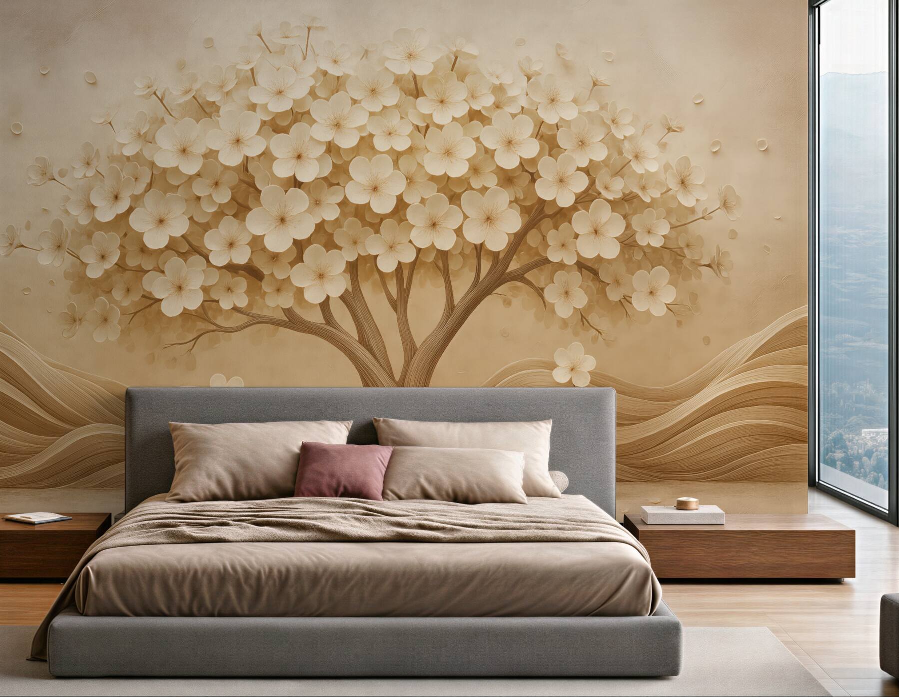 Fototapeta Abstrakcyjne drzewo z drobnymi kwiatami na tle zniszczonej ściany.