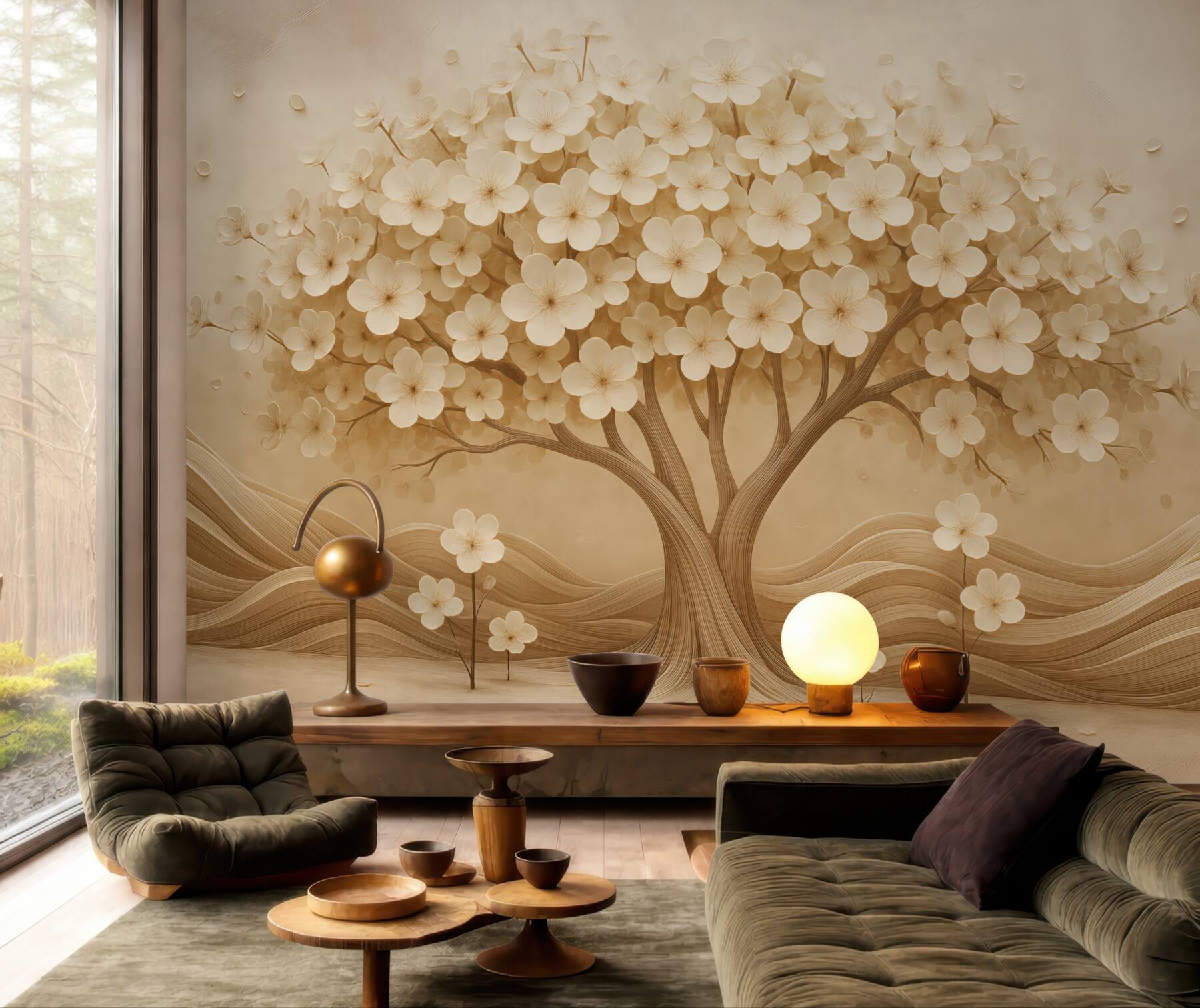 Fototapeta Abstrakcyjne drzewo z drobnymi kwiatami na tle zniszczonej ściany.