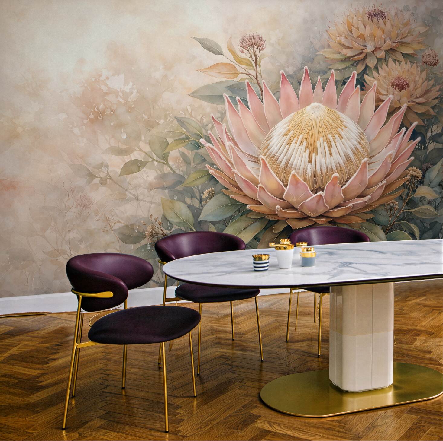 Fototapeta Naśladowanie akwareli, spore tropikalne kwiaty.