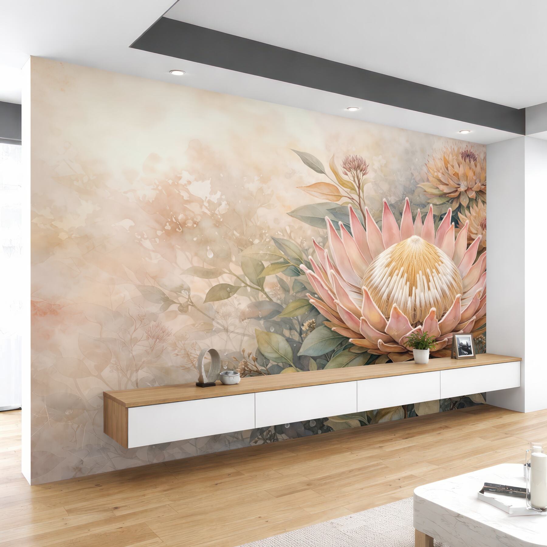 Fototapeta Naśladowanie akwareli, spore tropikalne kwiaty.