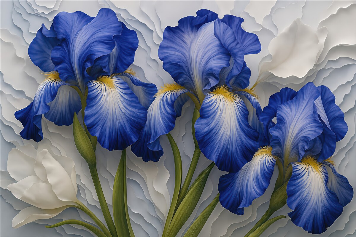 Fototapeta niebieskie irysy w artystycznym reliefie