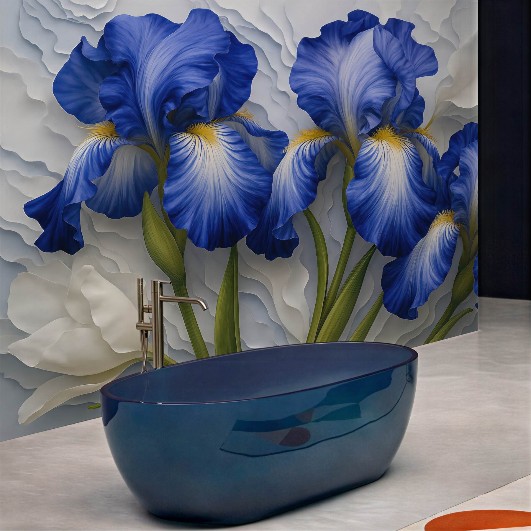 Fototapeta niebieskie irysy w artystycznym reliefie