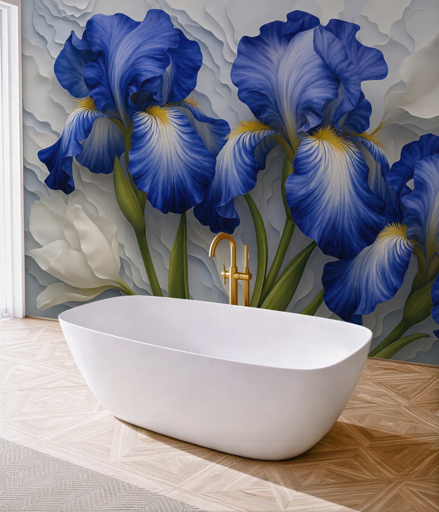 Fototapeta niebieskie irysy w artystycznym reliefie
