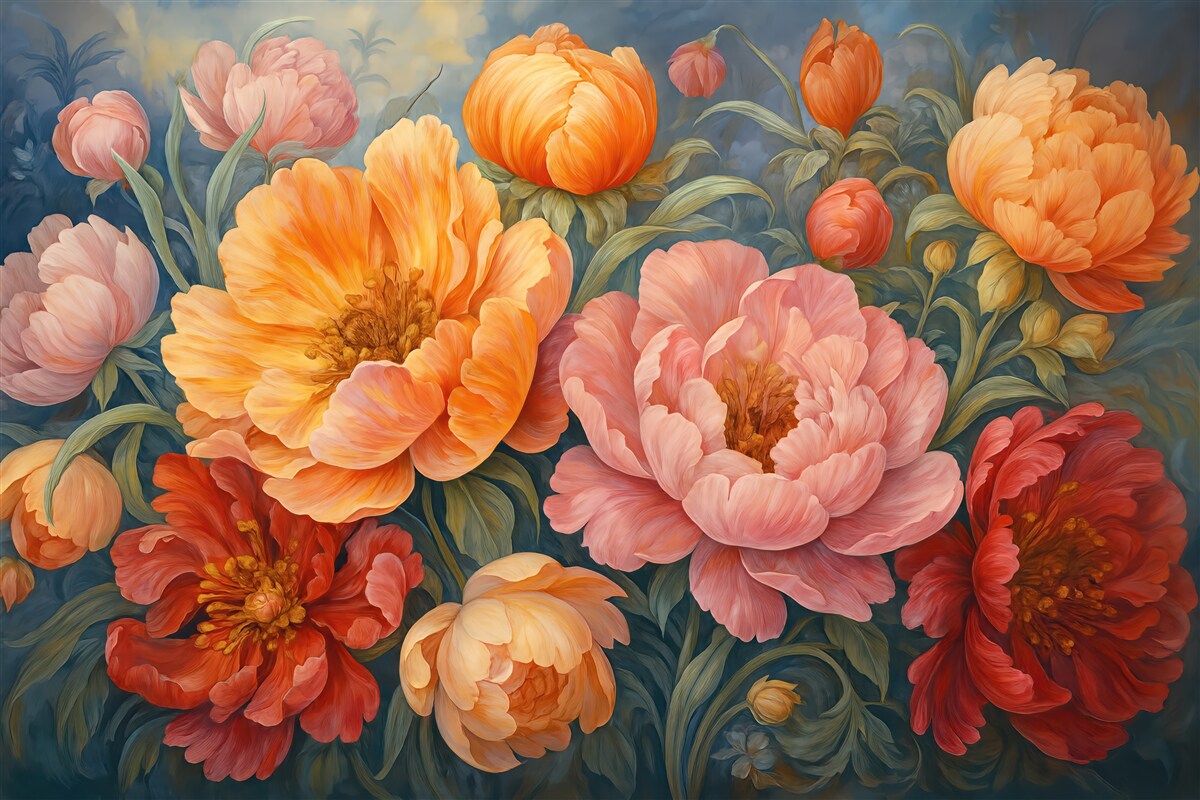 Fototapeta Tulipany oraz piwonie, kwiatowa aranżacja w stylu malarskiego pociągnięcia pędzlem olejnym.