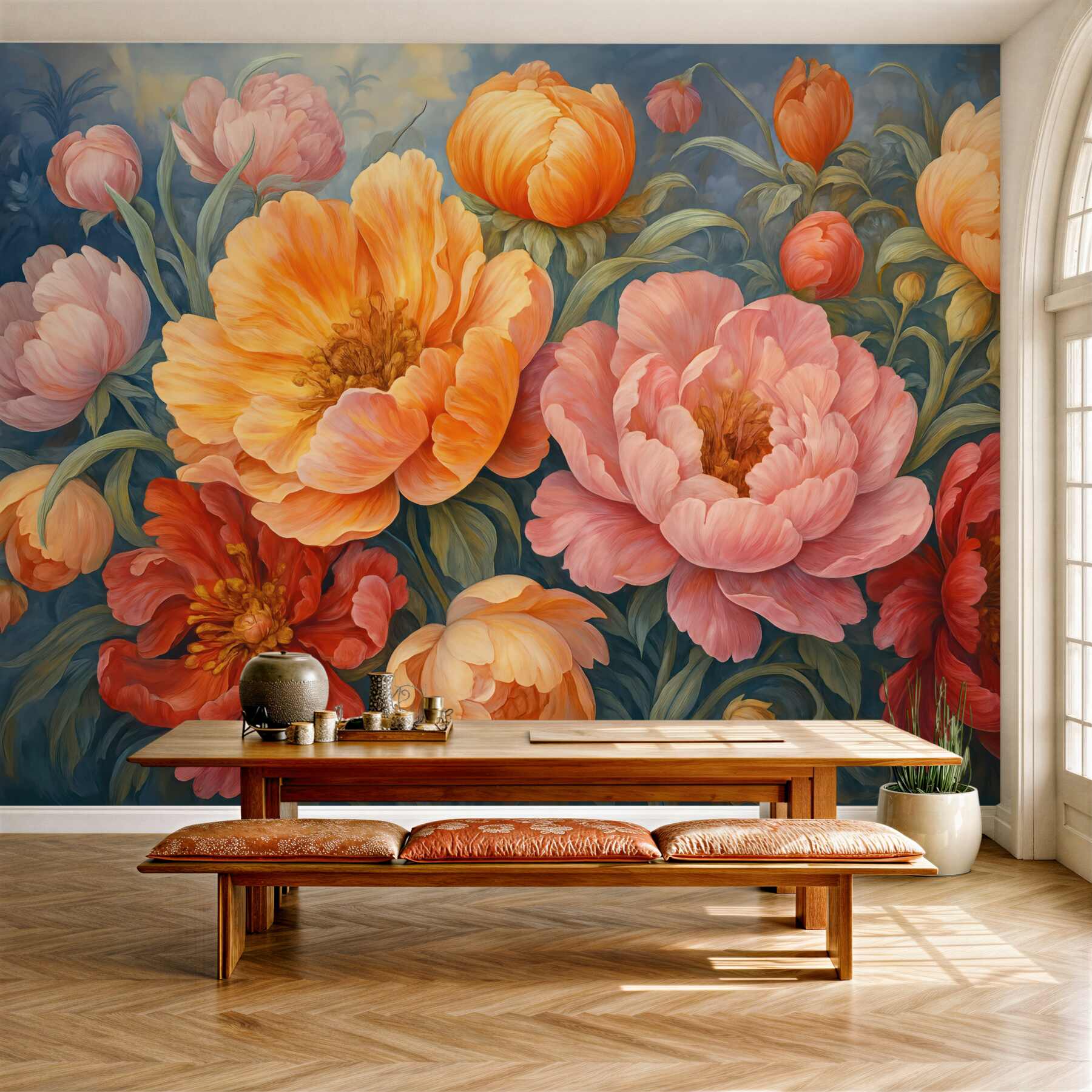 Fototapeta Tulipany oraz piwonie, kwiatowa aranżacja w stylu malarskiego pociągnięcia pędzlem olejnym.