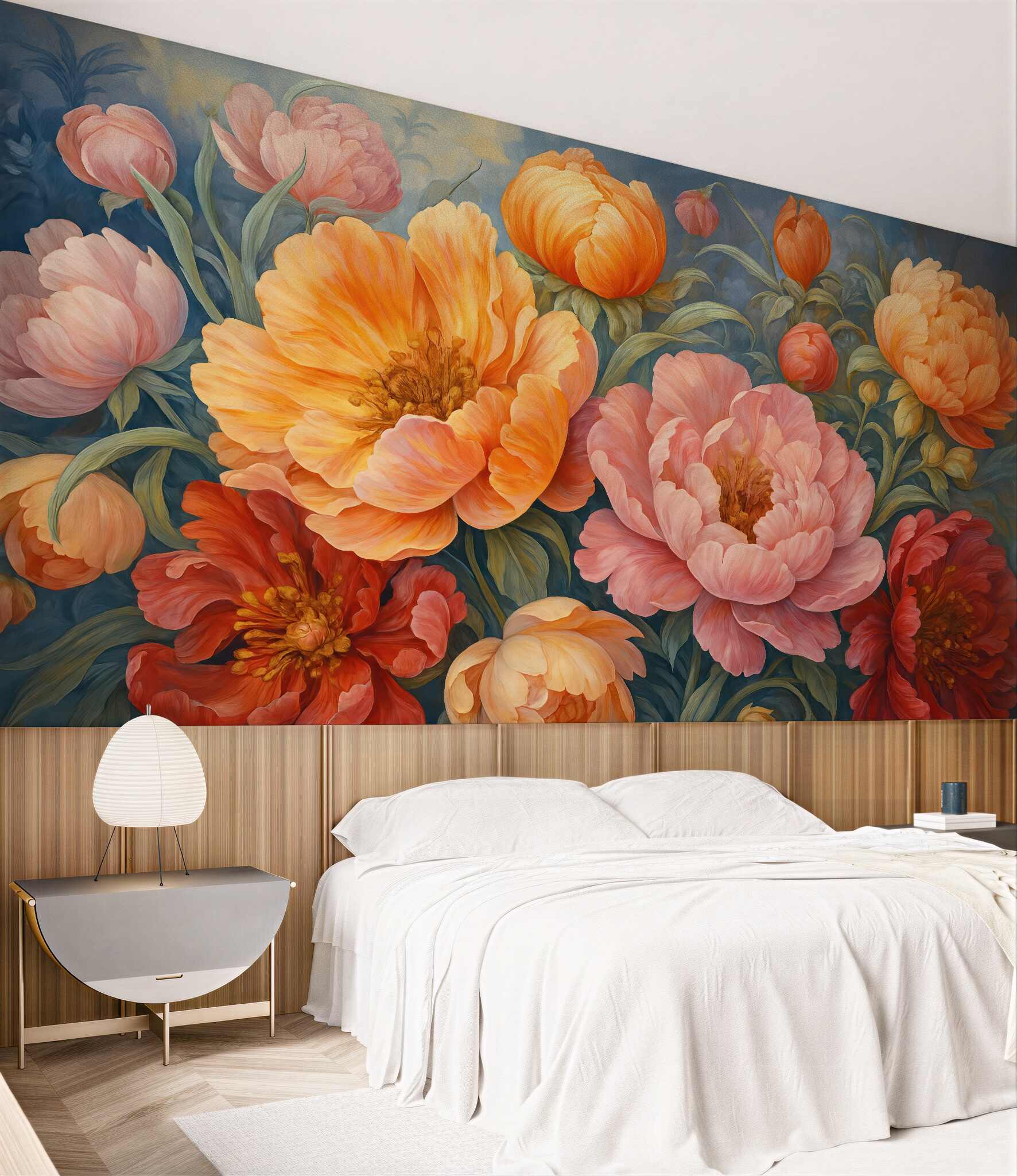 Fototapeta Tulipany oraz piwonie, kwiatowa aranżacja w stylu malarskiego pociągnięcia pędzlem olejnym.