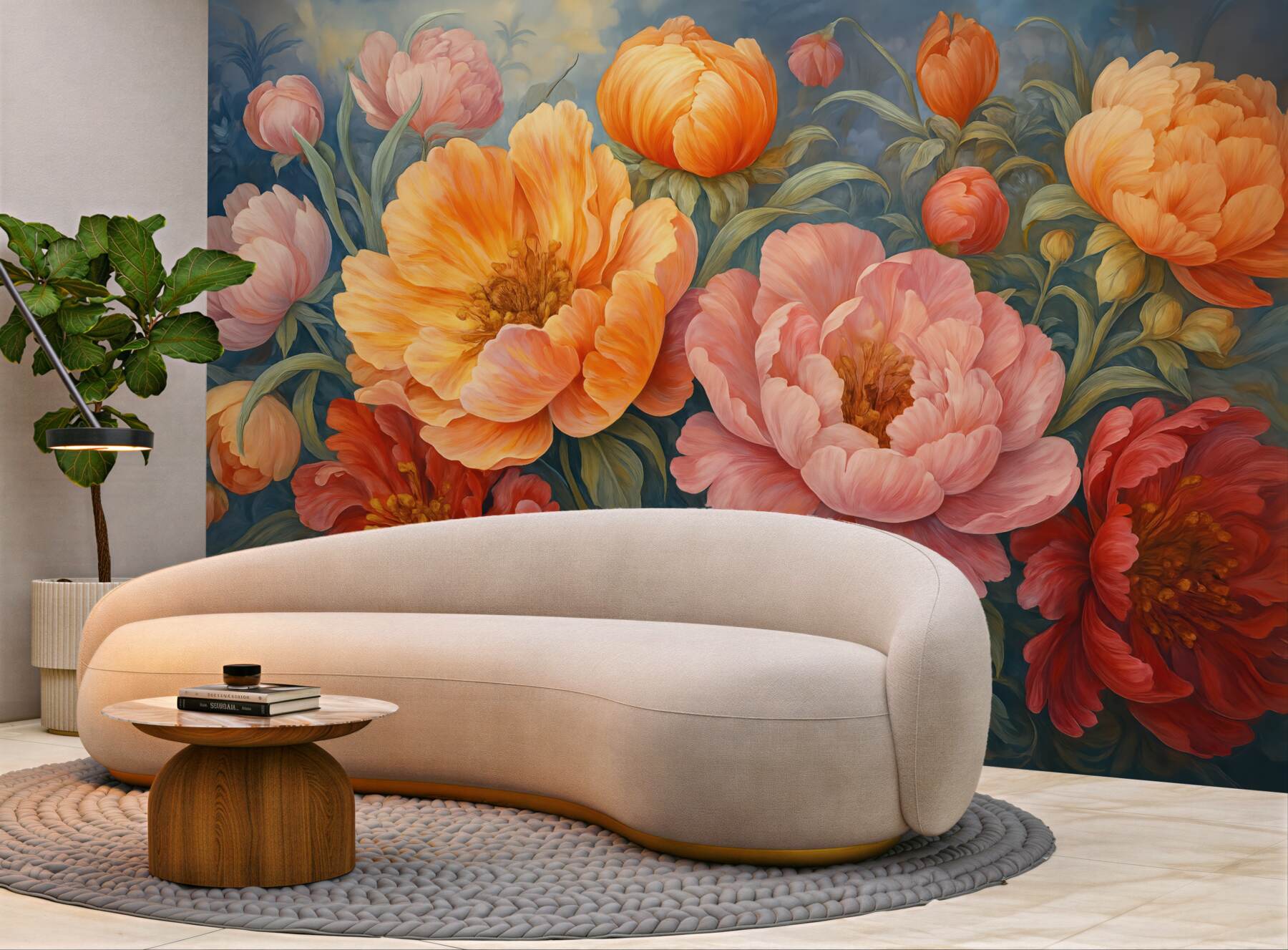 Fototapeta Tulipany oraz piwonie, kwiatowa aranżacja w stylu malarskiego pociągnięcia pędzlem olejnym.