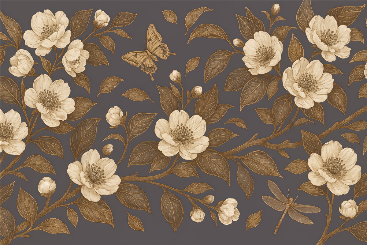 Fototapeta vintage kwiaty z motylami na graficie