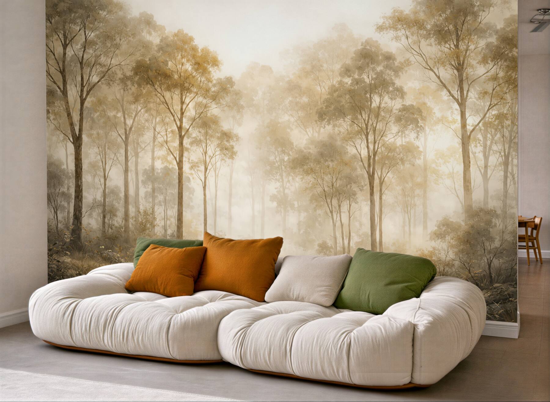 Fototapeta Las w technice akwareli z wysokimi jasnymi drzewami w tonach beżu i żółci, z mglista aurą.