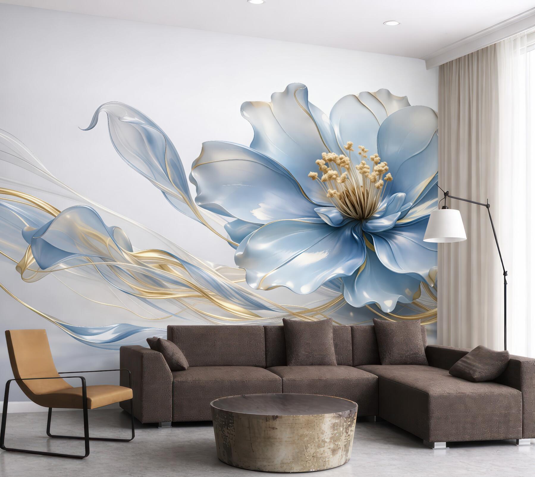 Fototapeta Wielki abstrakcyjny kwiat na ścianie w niebieskiej tonacji.