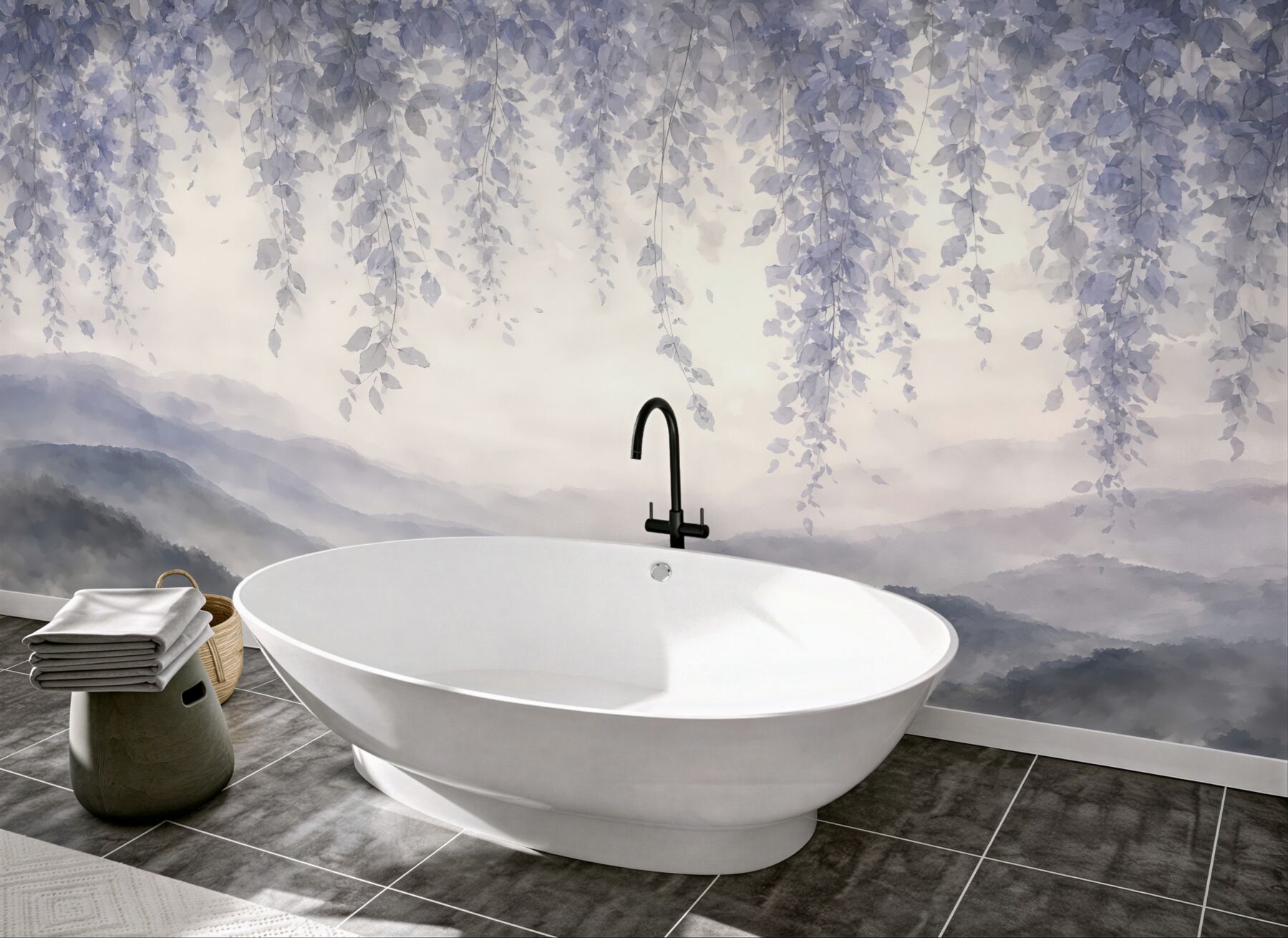 Fototapeta mglista panorama z wiszącymi gałązkami