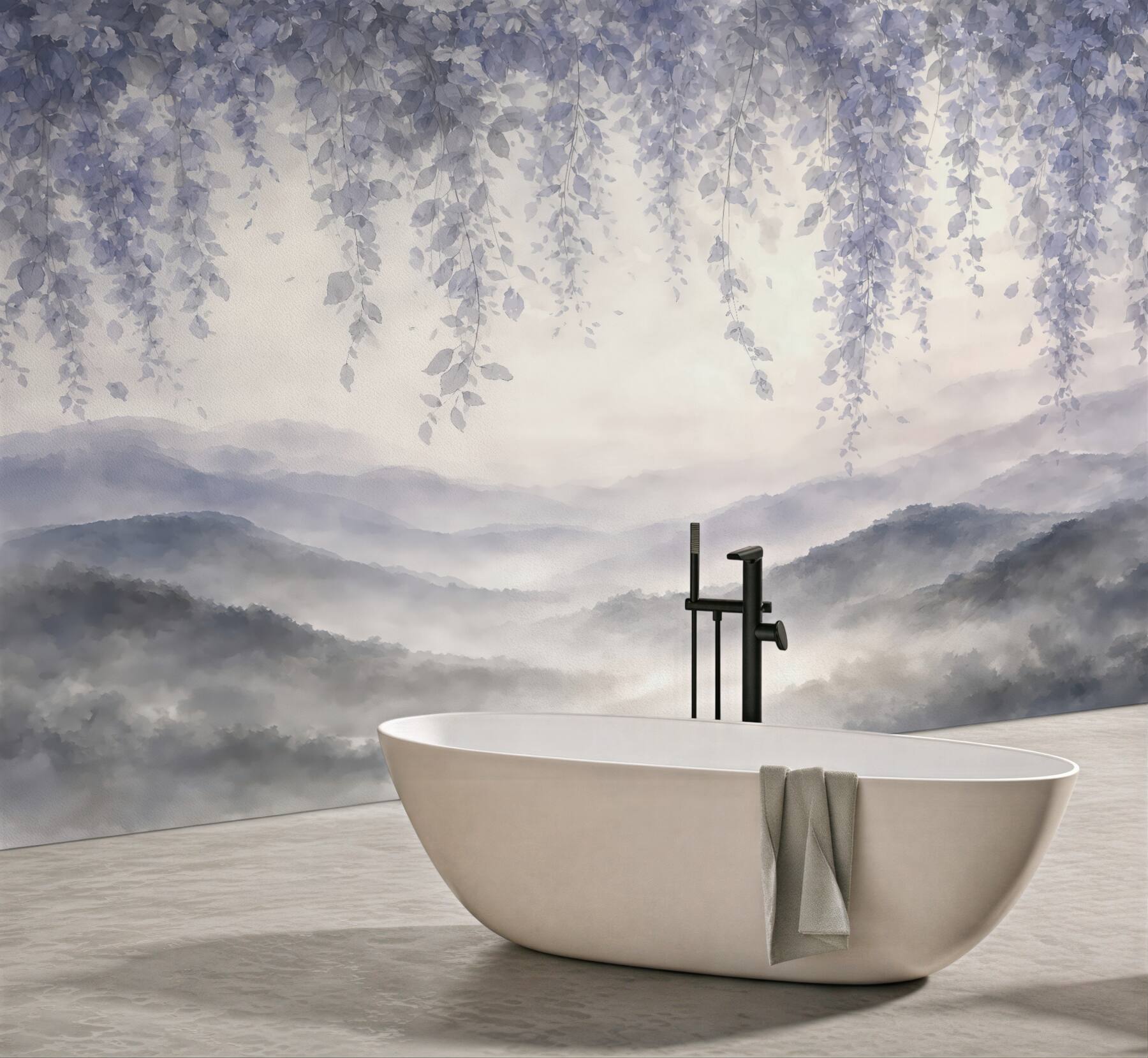 Fototapeta mglista panorama z wiszącymi gałązkami