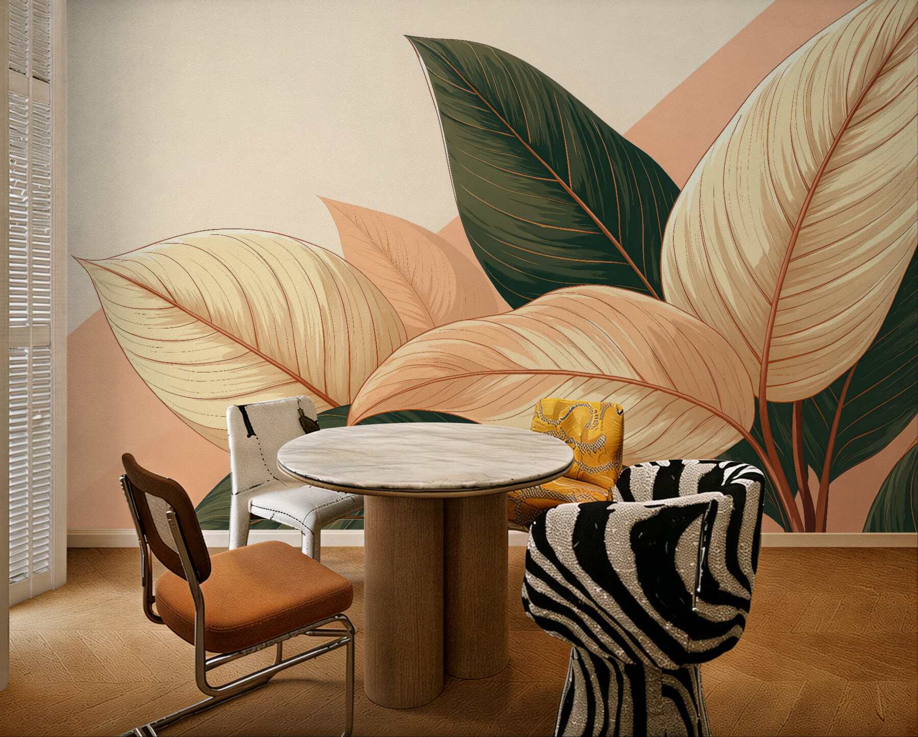 Fototapeta Zielono-beżowe, duże, tropikalne liście z różowym akcentem.