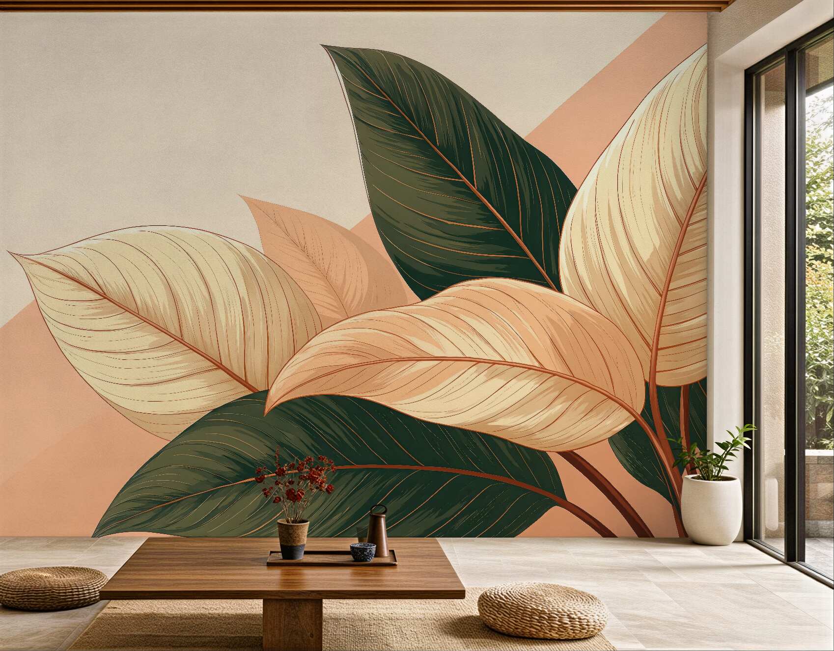 Fototapeta Zielono-beżowe, duże, tropikalne liście z różowym akcentem.