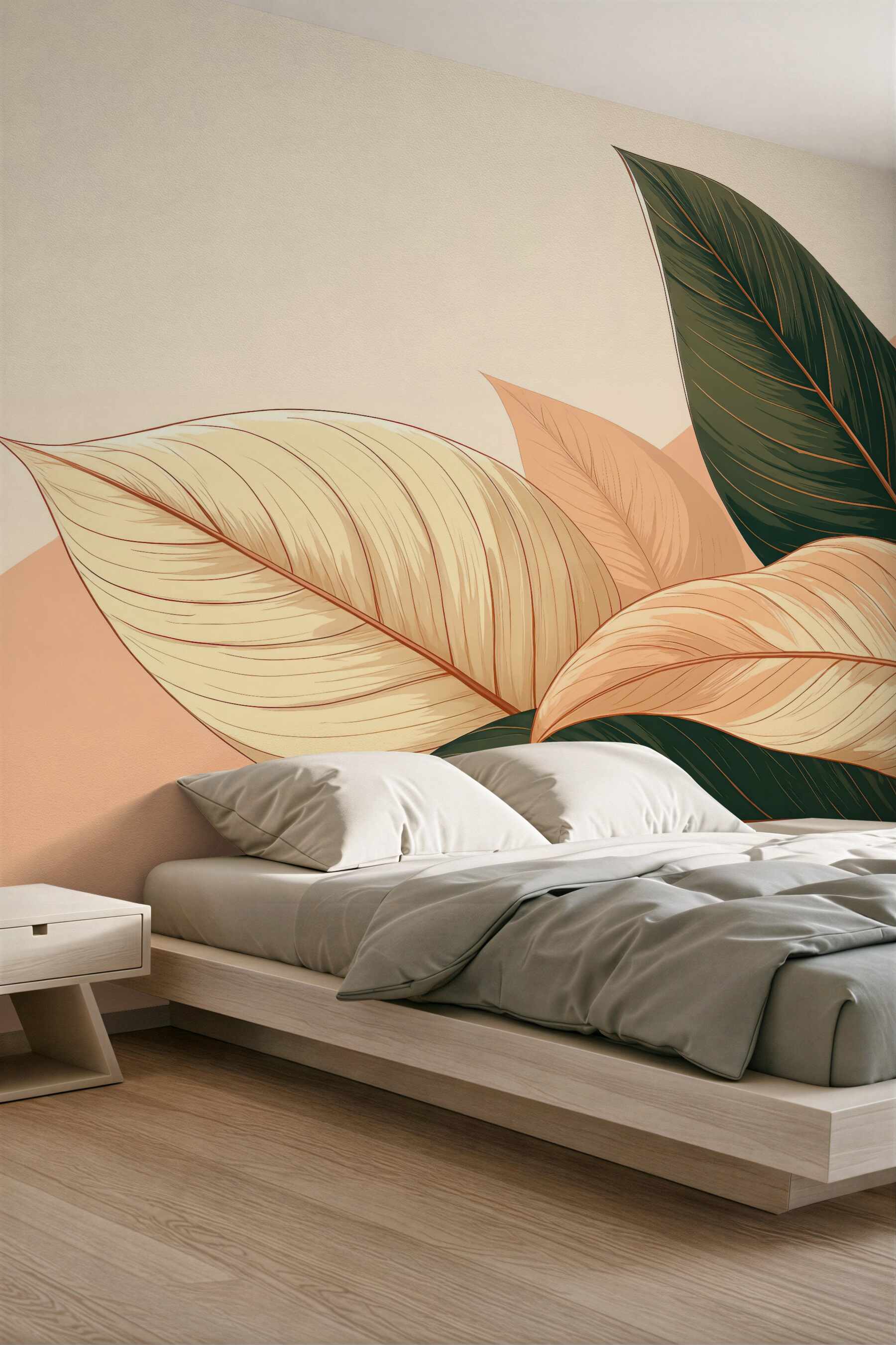 Fototapeta Zielono-beżowe, duże, tropikalne liście z różowym akcentem.