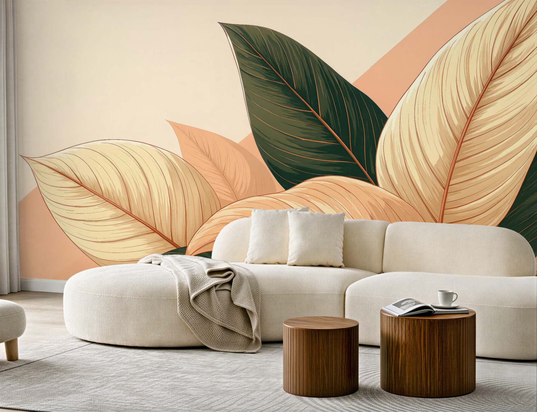 Fototapeta Zielono-beżowe, duże, tropikalne liście z różowym akcentem.