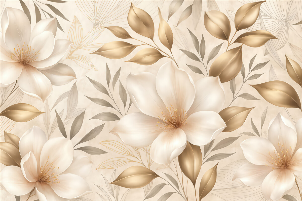 Fototapeta Kwiaty i liście jaśminu, subtelne odcienie, ilustracja roślinna, kwiatowe tło, szykowny styl, delikatne płatki.