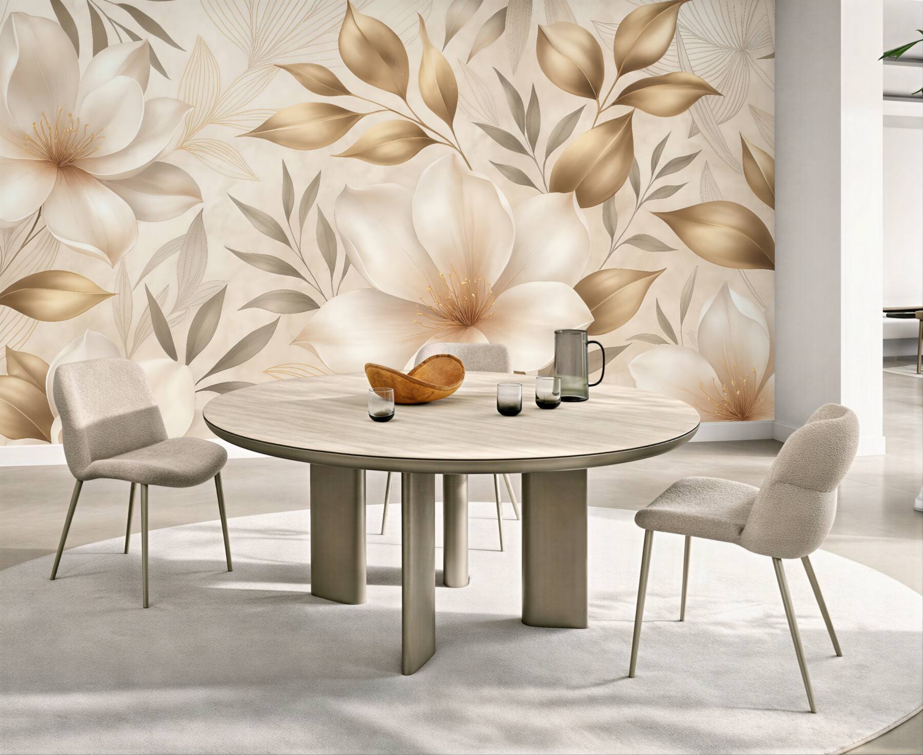 Fototapeta Kwiaty i liście jaśminu, subtelne odcienie, ilustracja roślinna, kwiatowe tło, szykowny styl, delikatne płatki.