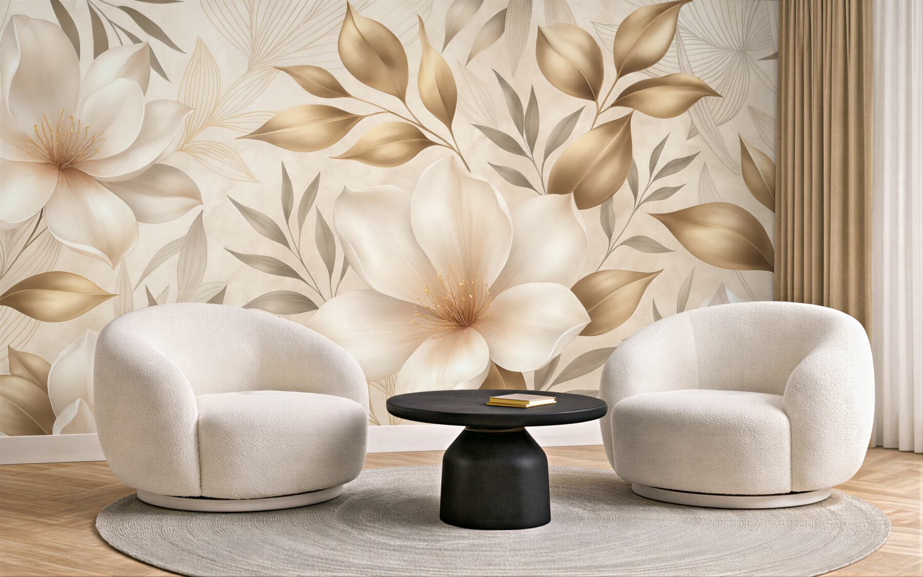 Fototapeta Kwiaty i liście jaśminu, subtelne odcienie, ilustracja roślinna, kwiatowe tło, szykowny styl, delikatne płatki.