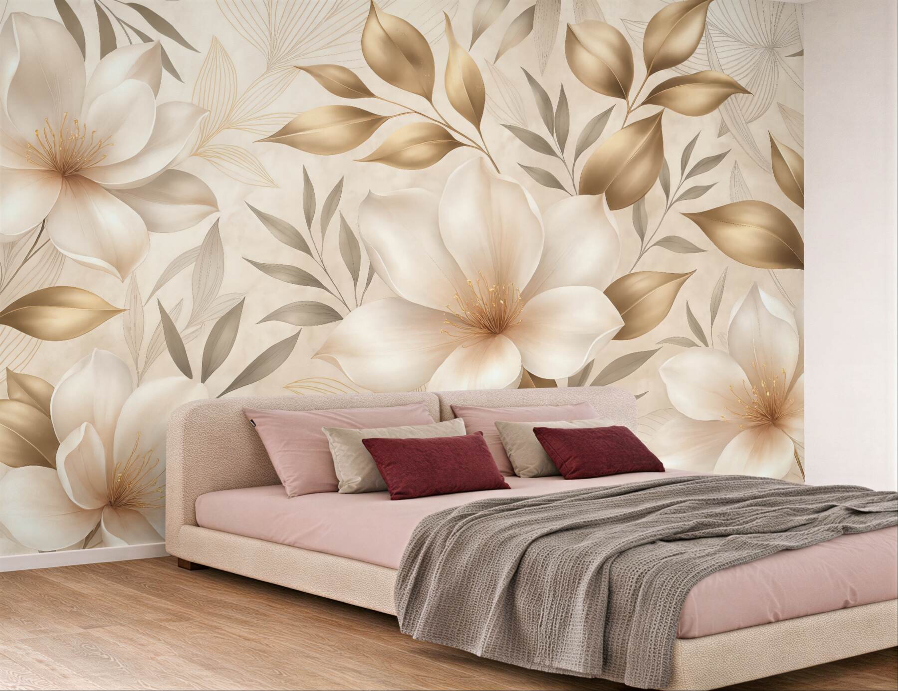 Fototapeta Kwiaty i liście jaśminu, subtelne odcienie, ilustracja roślinna, kwiatowe tło, szykowny styl, delikatne płatki.