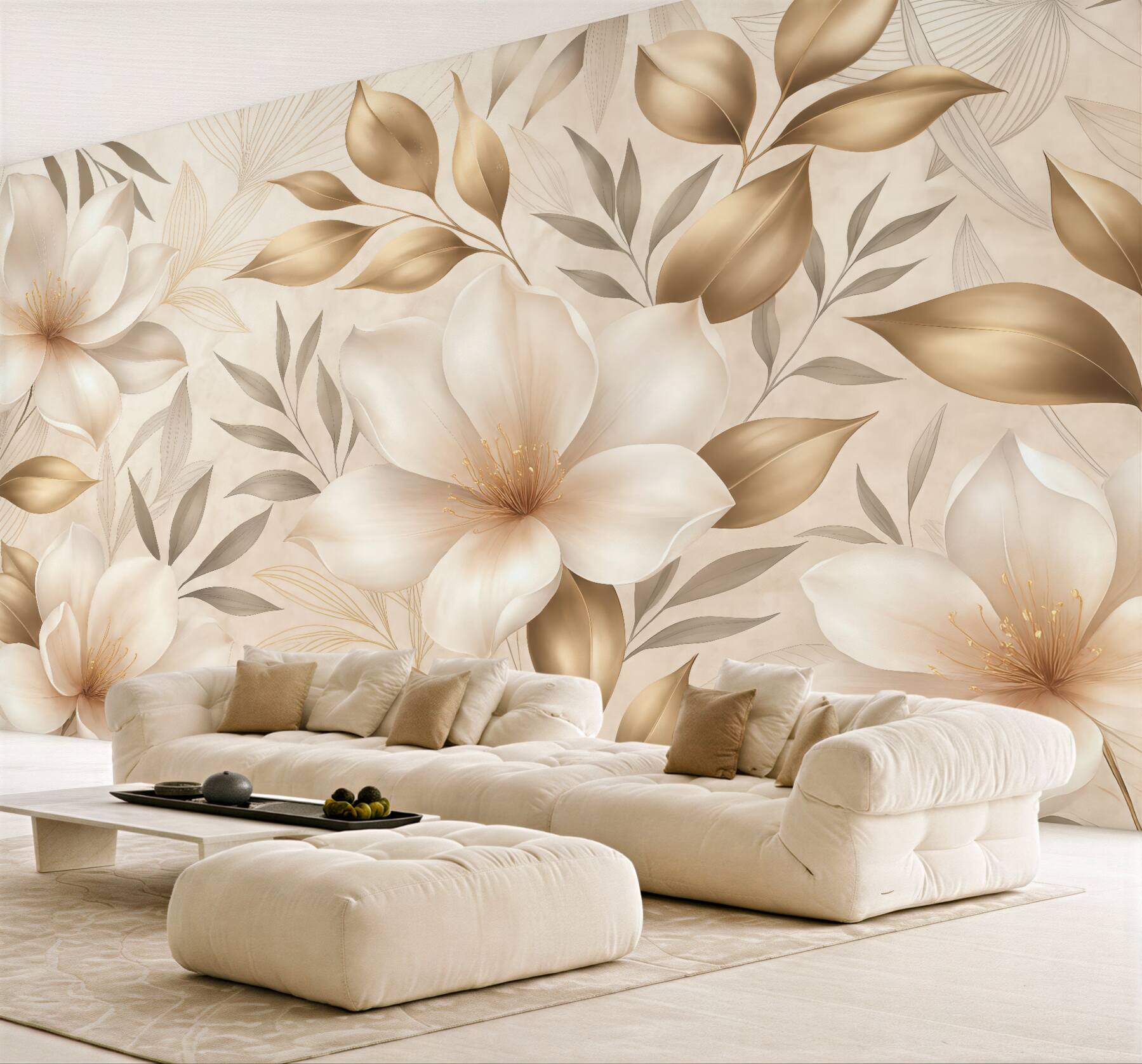 Fototapeta Kwiaty i liście jaśminu, subtelne odcienie, ilustracja roślinna, kwiatowe tło, szykowny styl, delikatne płatki.